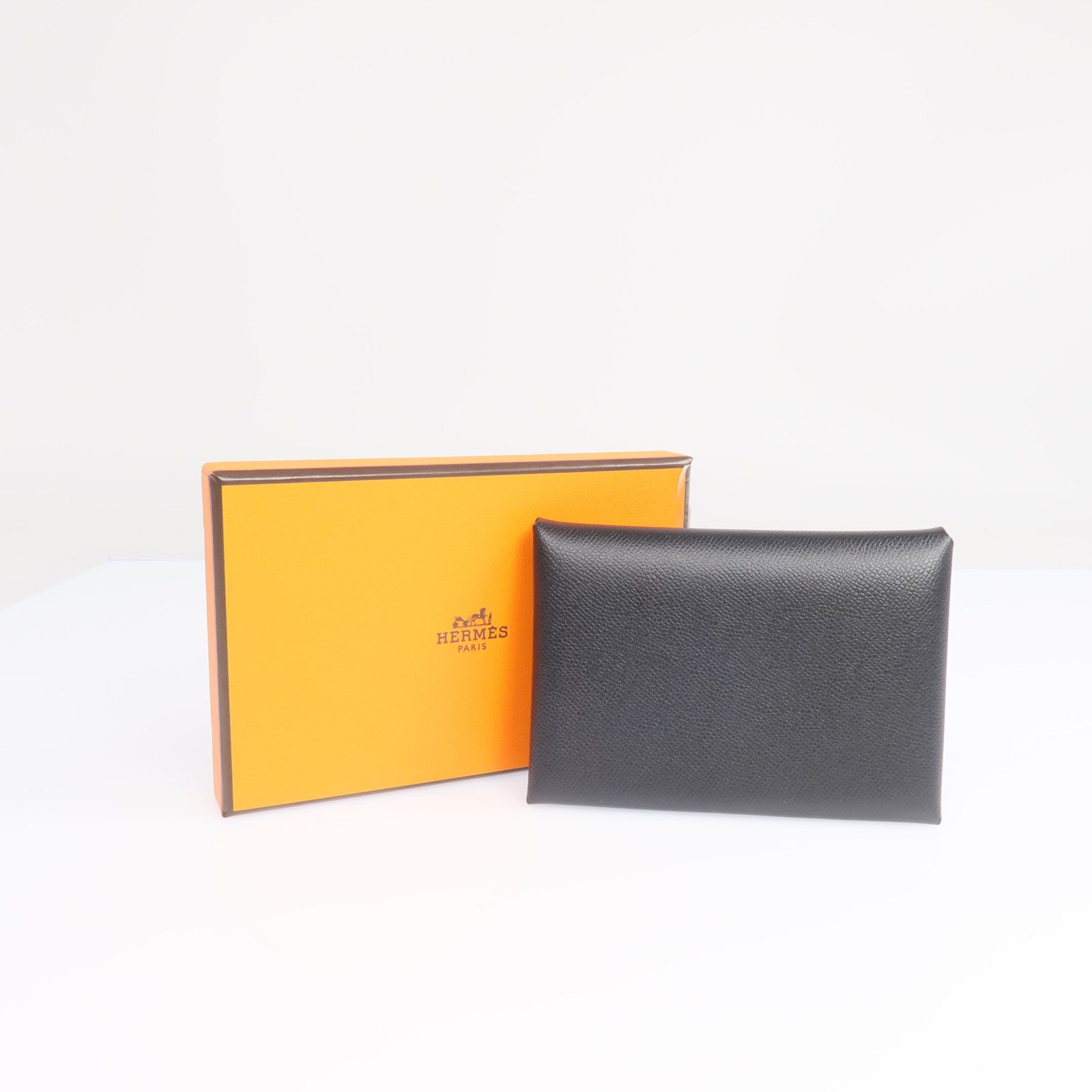 HERMES Madame皮革Calvi Duo銀扣卡片套Noir
