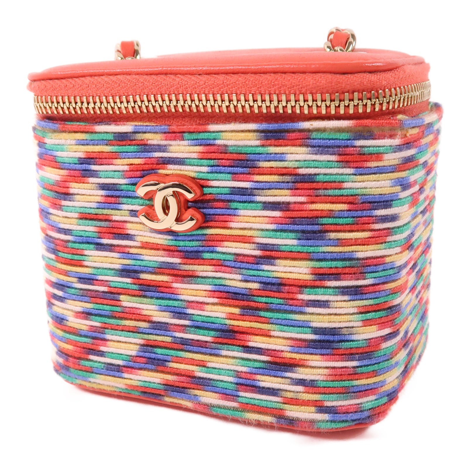 CHANEL 紡織布料/羊皮皮革Mini Vanity Case金扣鏈帶肩背袋