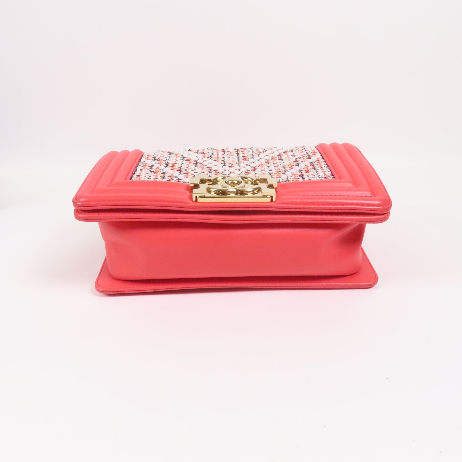 CHANEL Tweed/羊皮皮革Boy 20金扣鏈帶肩背袋