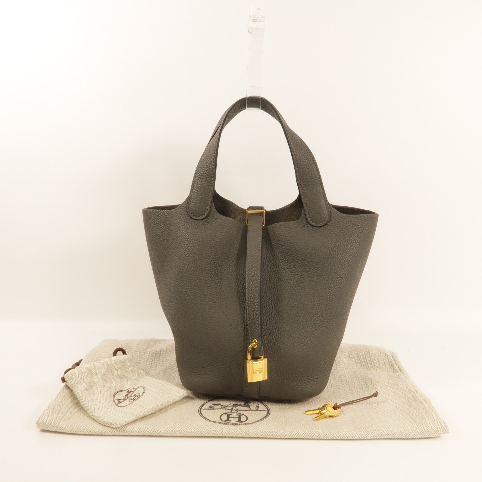 HERMES Clemence皮革Picotin Lock 18金扣手挽袋Gris Meyer