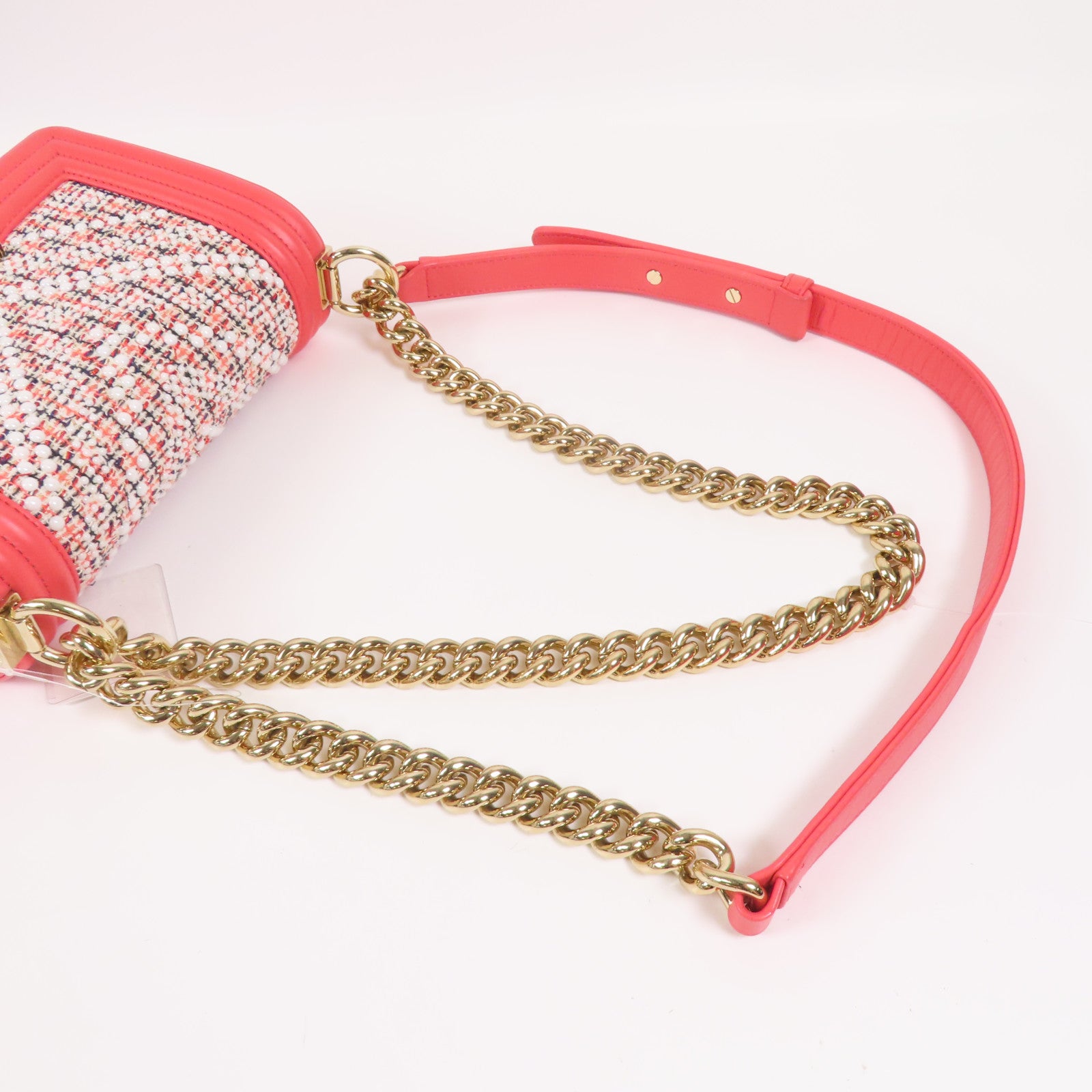 CHANEL Tweed/羊皮皮革Boy 20金扣鏈帶肩背袋