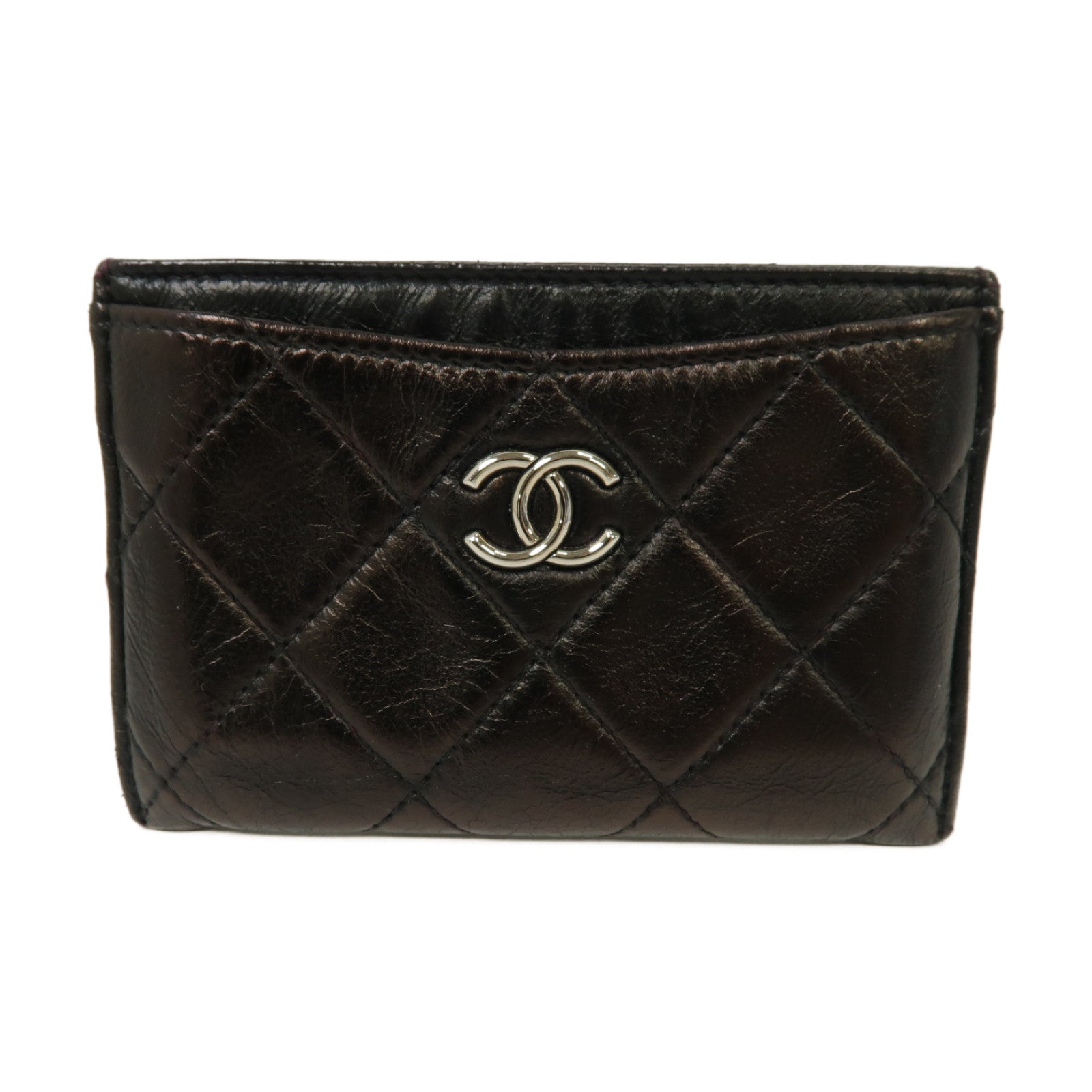 CHANEL 菱格羊皮皮革Card Holder銀扣卡片套黑色