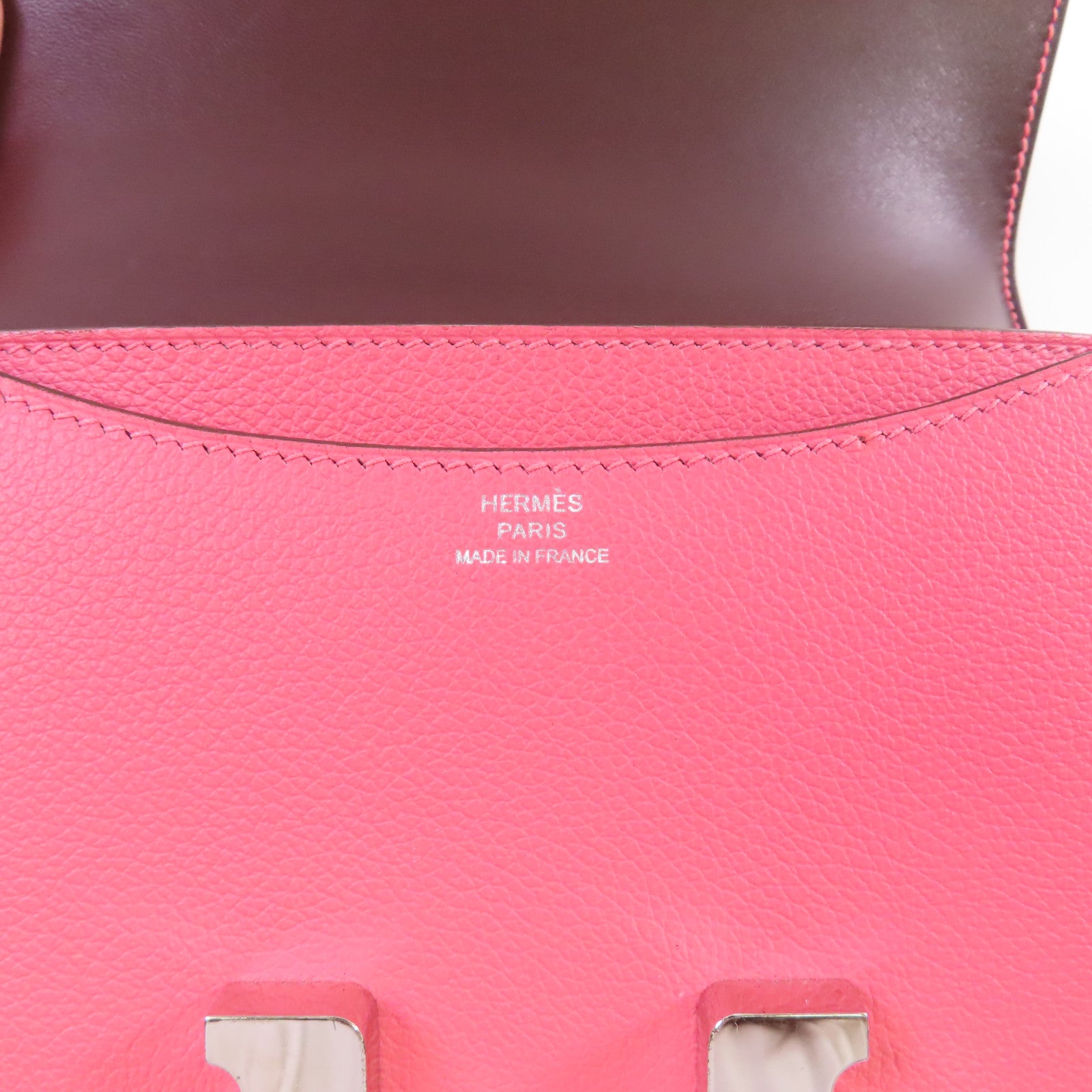 HERMES 【激減優惠】Evercolor皮革Mini Constance Shoulder Bag銀扣肩背袋玫瑰杜鵑粉色/李子色