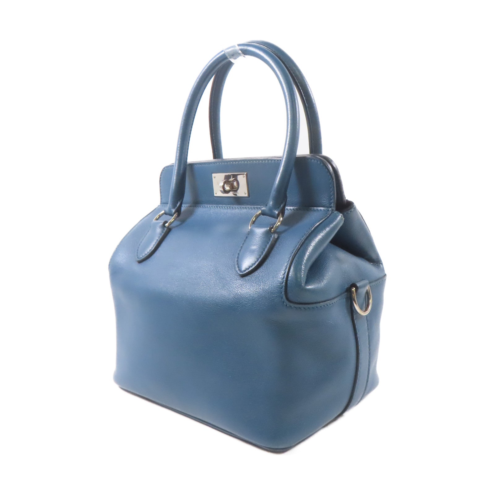 HERMES Swift皮革Toolbox銀扣手挽肩背兩用袋Bleu Agate/藍色