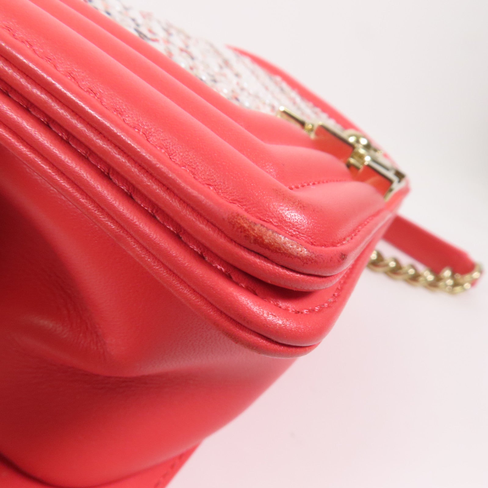 CHANEL Tweed/羊皮皮革Boy 20金扣鏈帶肩背袋