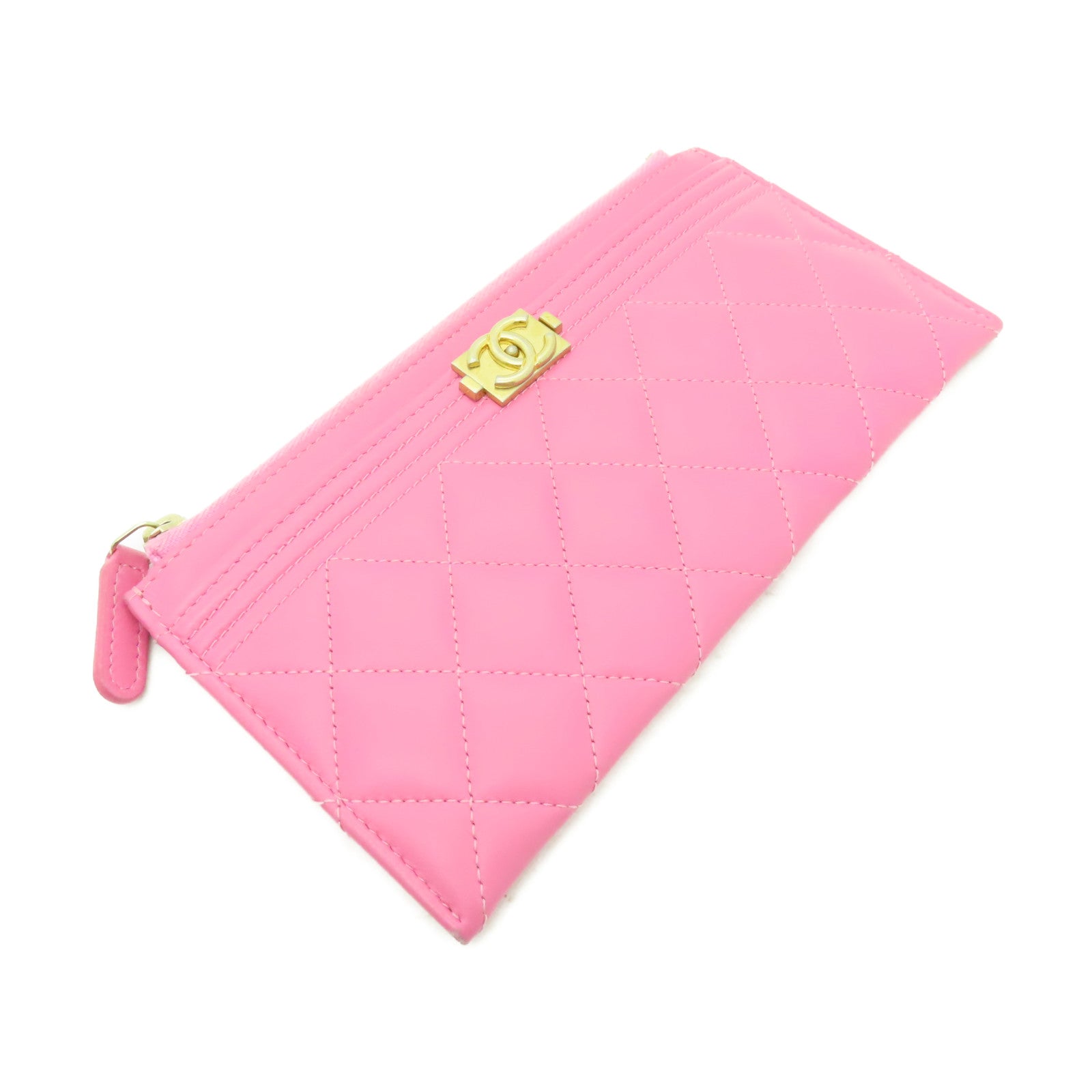 CHANEL 【激減優惠】菱格牛皮皮革Boy Pouch Wallet金扣長錢包粉紅色