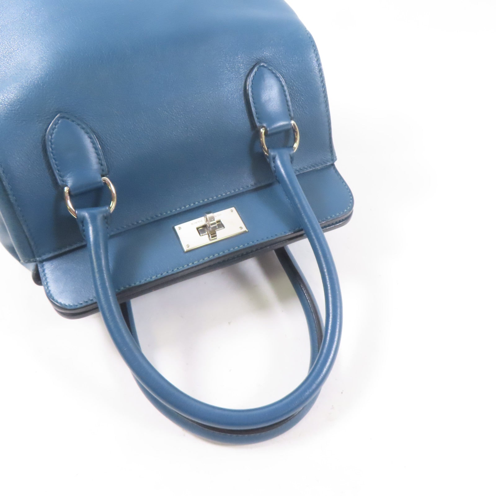 HERMES Swift皮革Toolbox銀扣手挽肩背兩用袋Bleu Agate/藍色