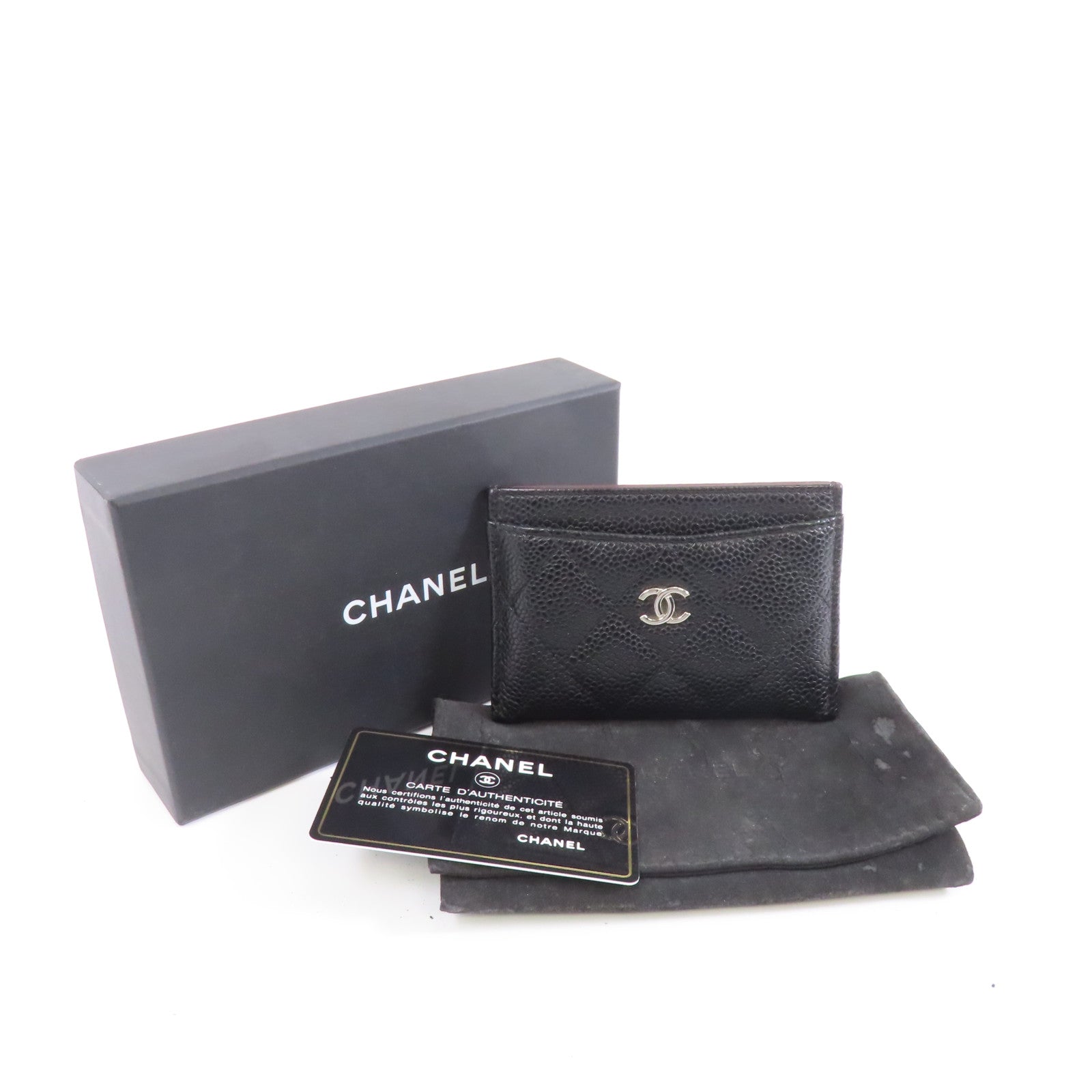 CHANEL 菱格Caviar皮革Card Case銀扣卡片套黑色