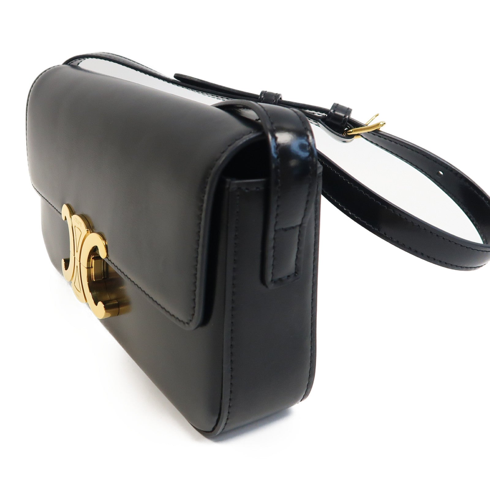 CELINE 牛皮皮革Claude金扣肩背袋黑色
