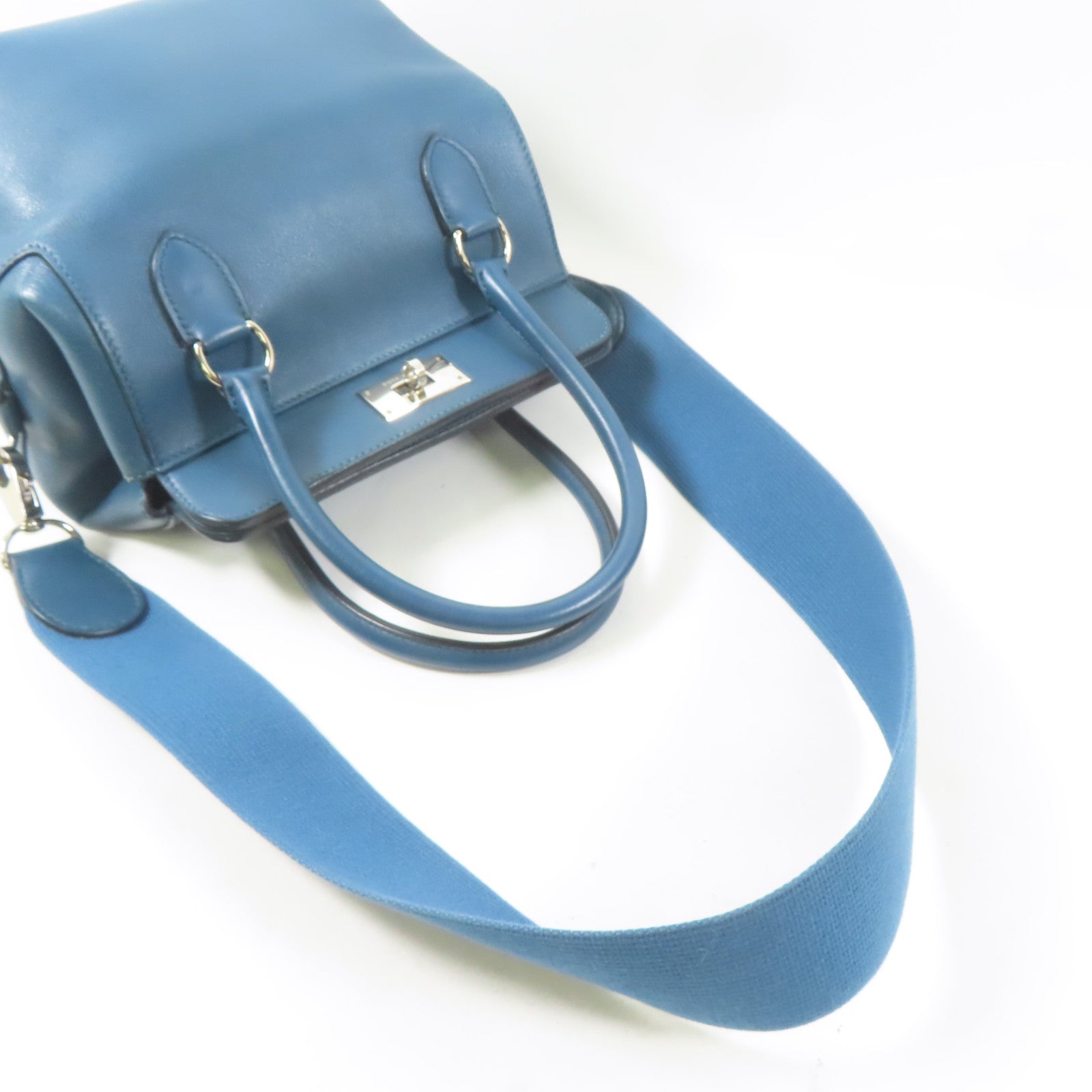 HERMES Swift皮革Toolbox銀扣手挽肩背兩用袋Bleu Agate/藍色