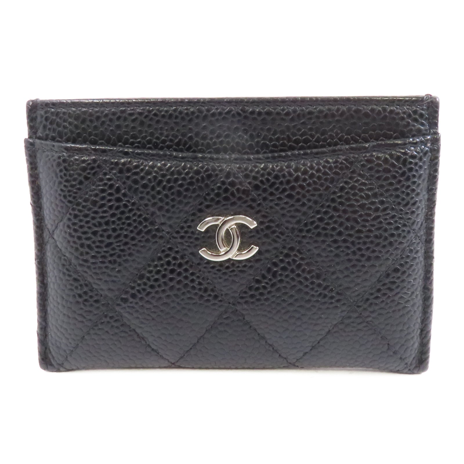 CHANEL 菱格Caviar皮革Card Case銀扣卡片套黑色