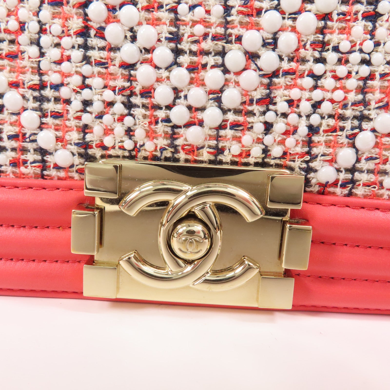 CHANEL Tweed/羊皮皮革Boy 20金扣鏈帶肩背袋