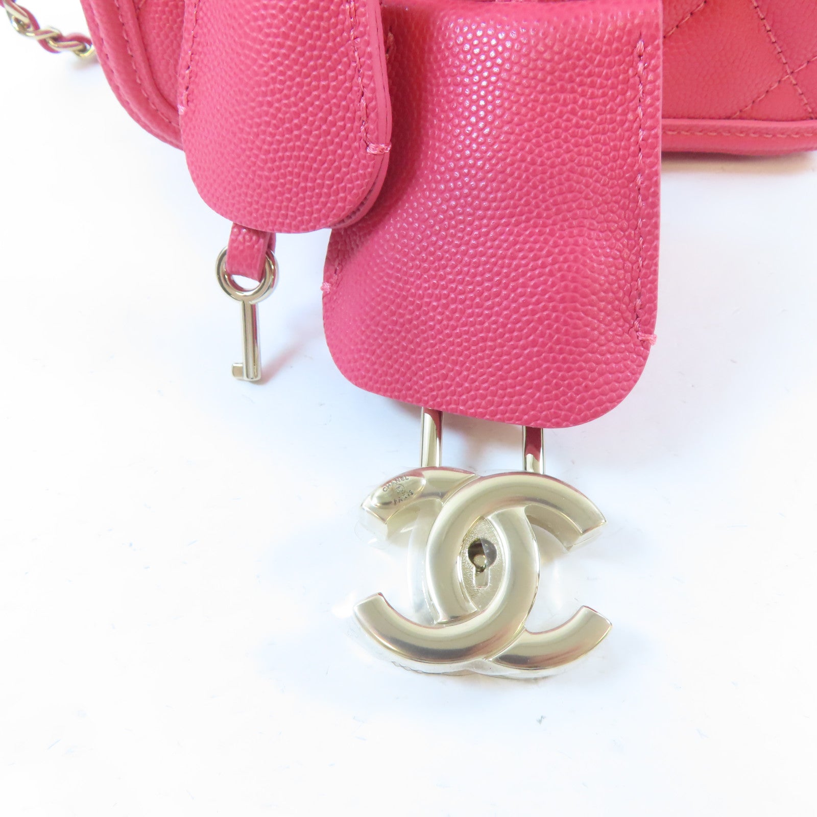 CHANEL 菱格Caviar皮革Vanity Case金扣手挽肩背兩用袋桃紅色