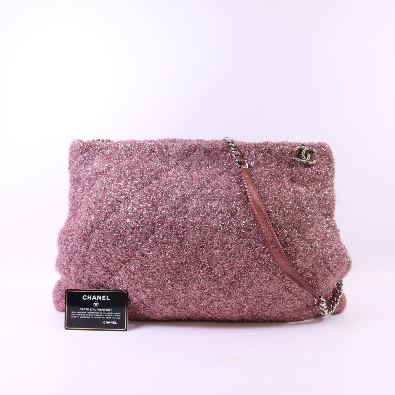 CHANEL 針織布料Shoulder Bag銀扣鏈帶肩背袋