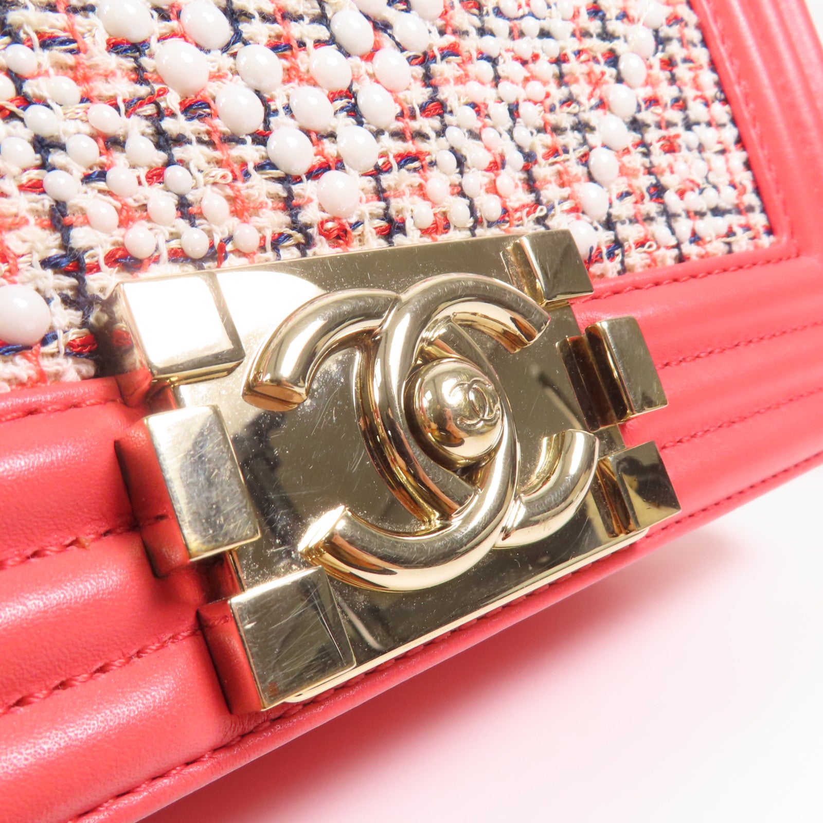 CHANEL Tweed/羊皮皮革Boy 20金扣鏈帶肩背袋