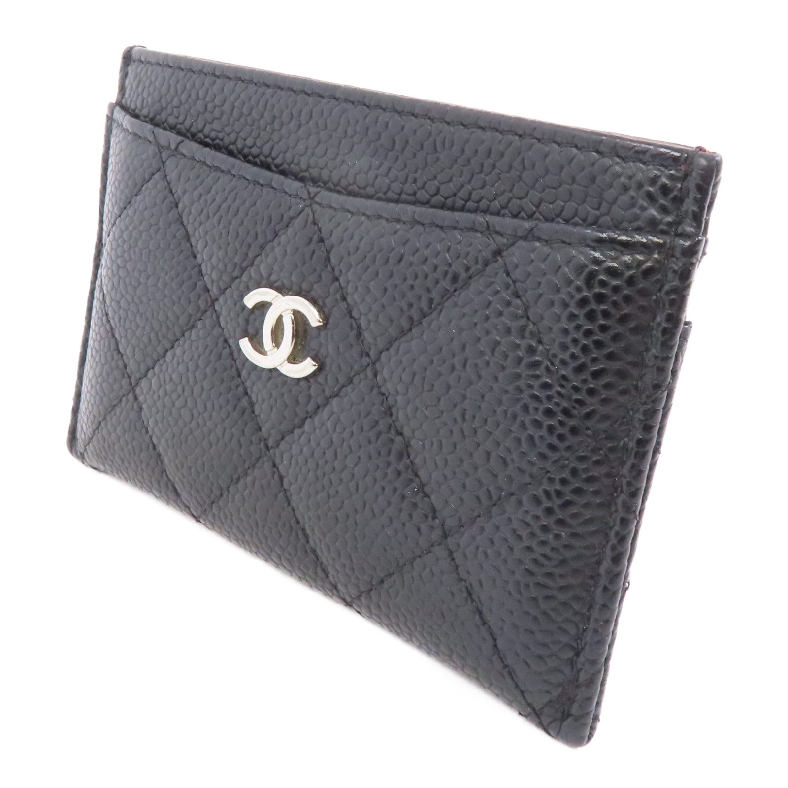 CHANEL 菱格Caviar皮革Card Case銀扣卡片套黑色