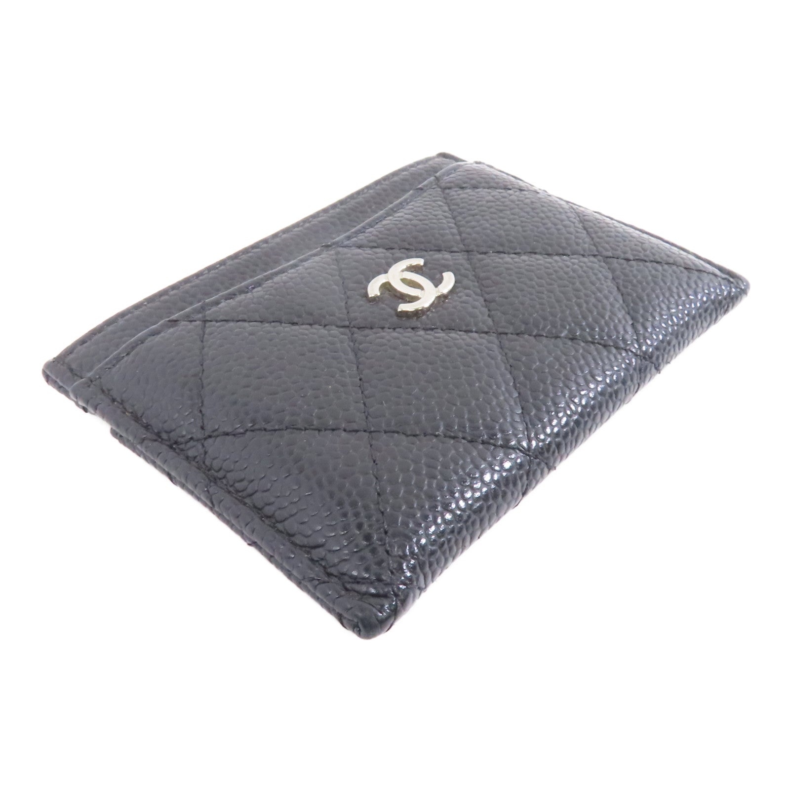 CHANEL 菱格Caviar皮革Card Case銀扣卡片套黑色