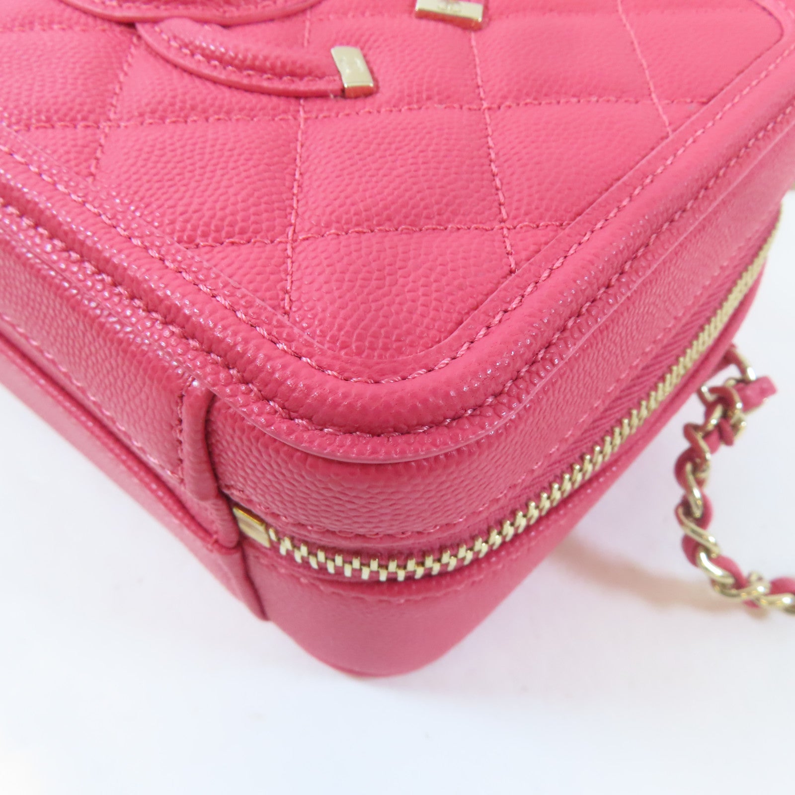 CHANEL 菱格Caviar皮革Vanity Case金扣手挽肩背兩用袋桃紅色