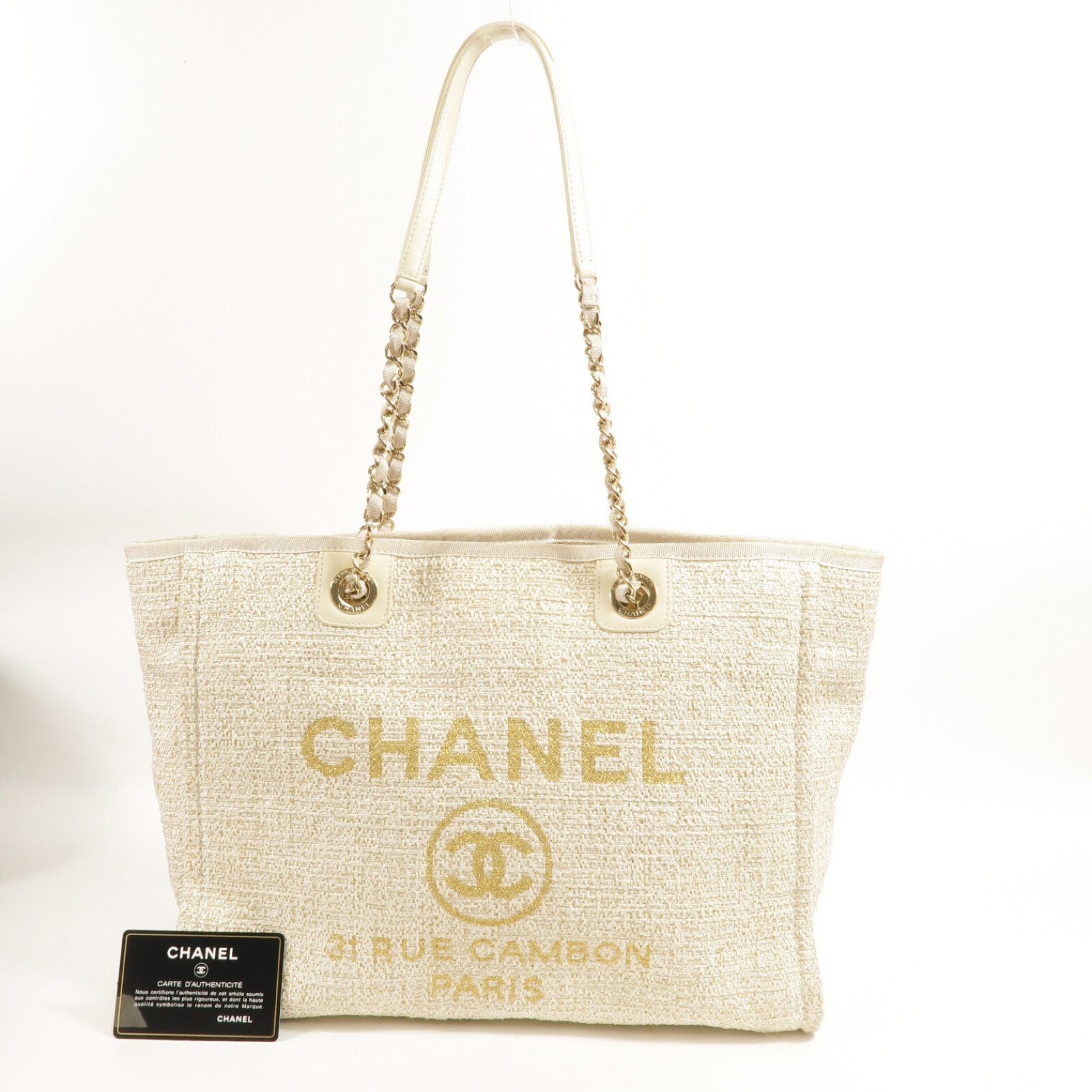CHANEL 帆布Deauville Tote Bag鏈帶手挽袋