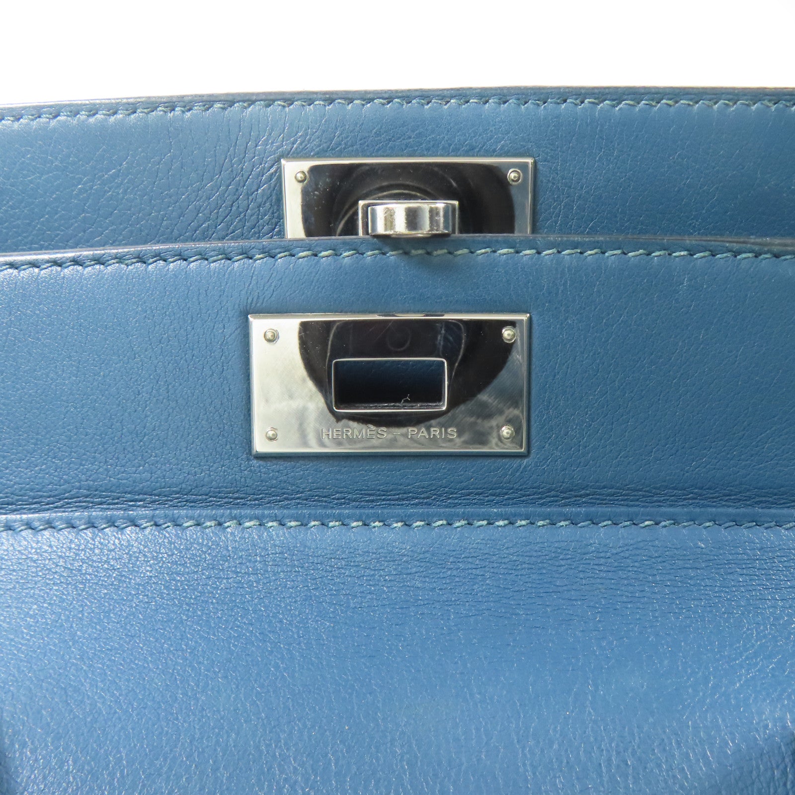HERMES Swift皮革Toolbox銀扣手挽肩背兩用袋Bleu Agate/藍色