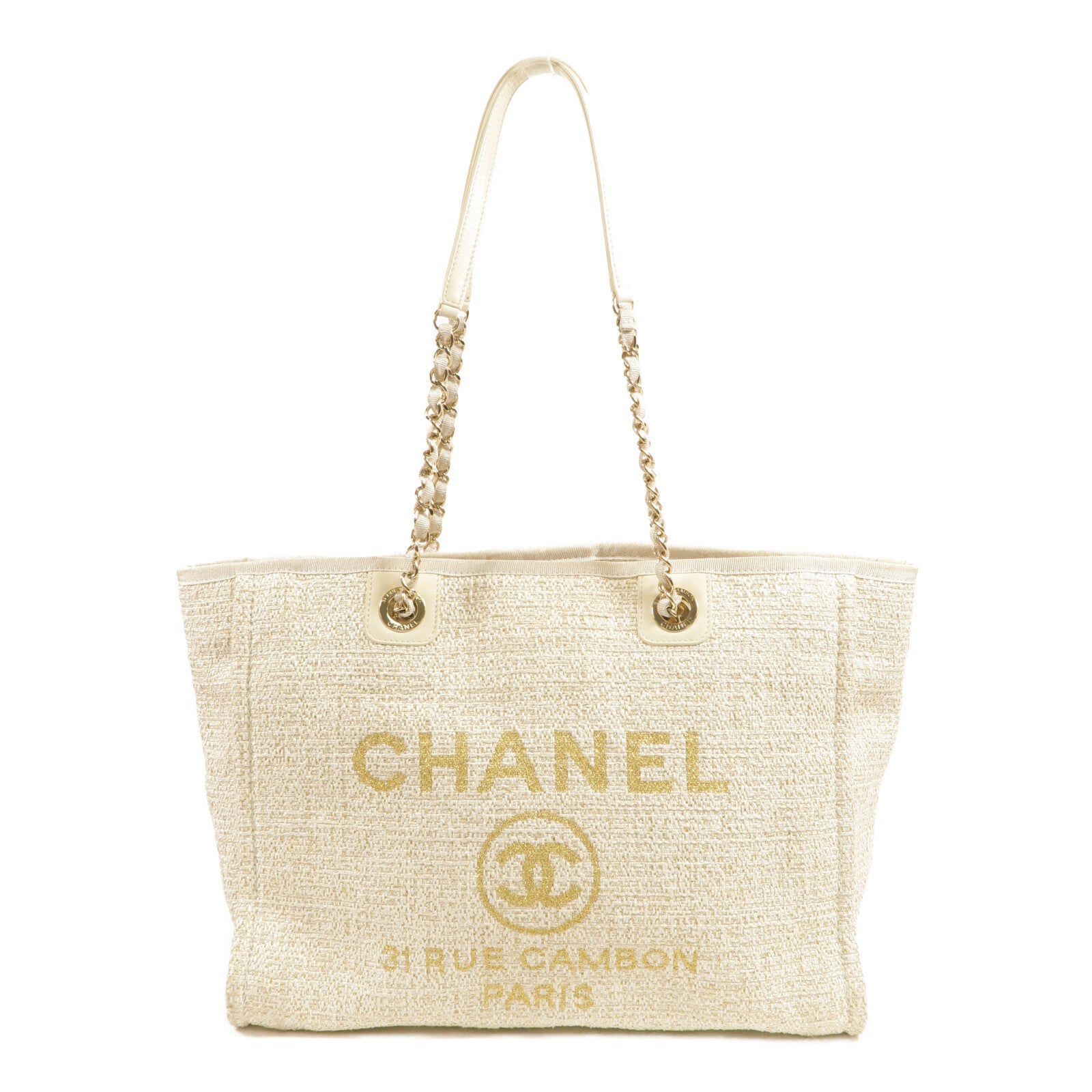 CHANEL 帆布Deauville Tote Bag鏈帶手挽袋