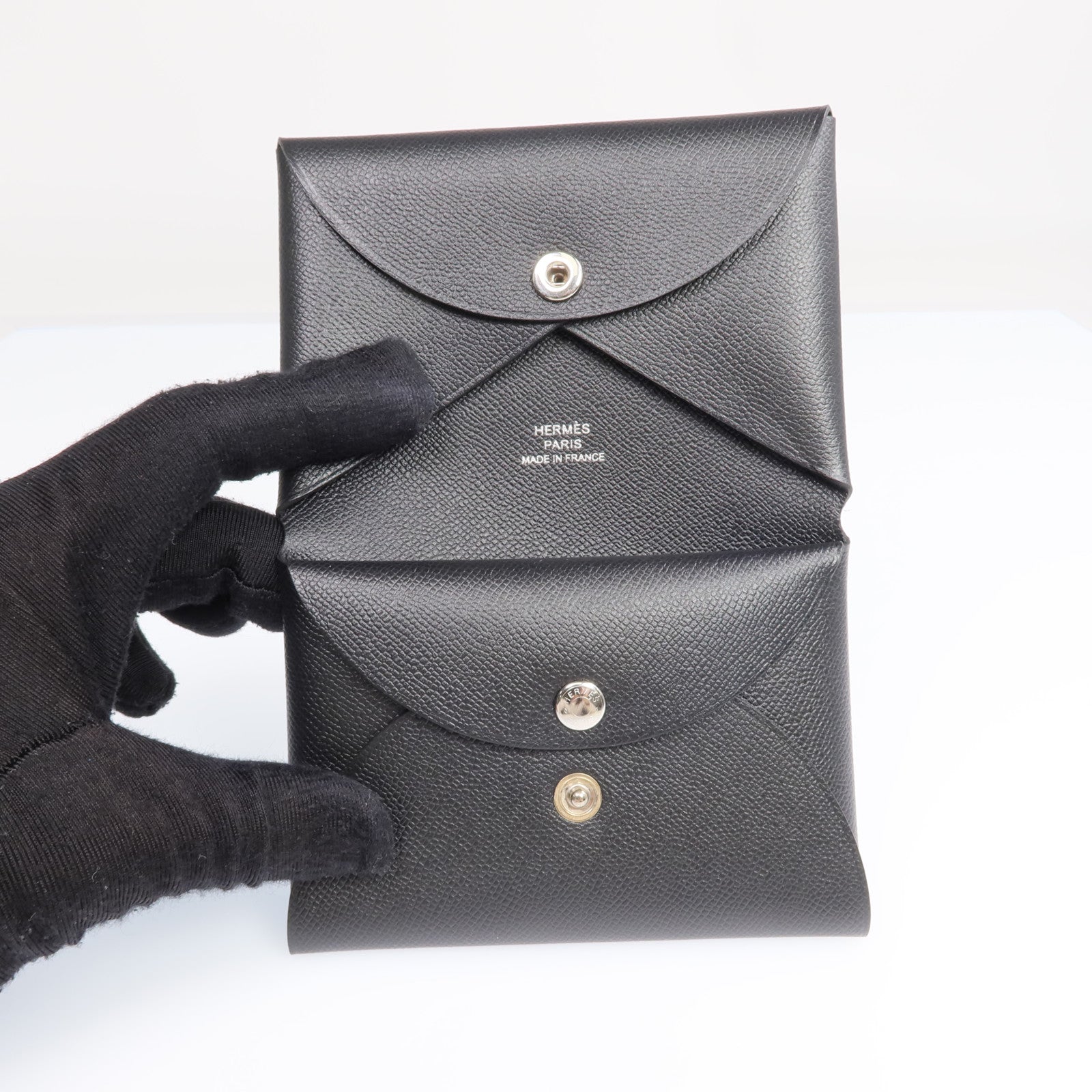 HERMES Madame皮革Calvi Duo銀扣卡片套Noir