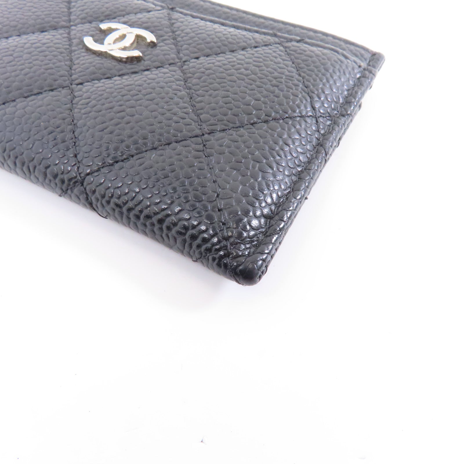 CHANEL 菱格Caviar皮革Card Case銀扣卡片套黑色