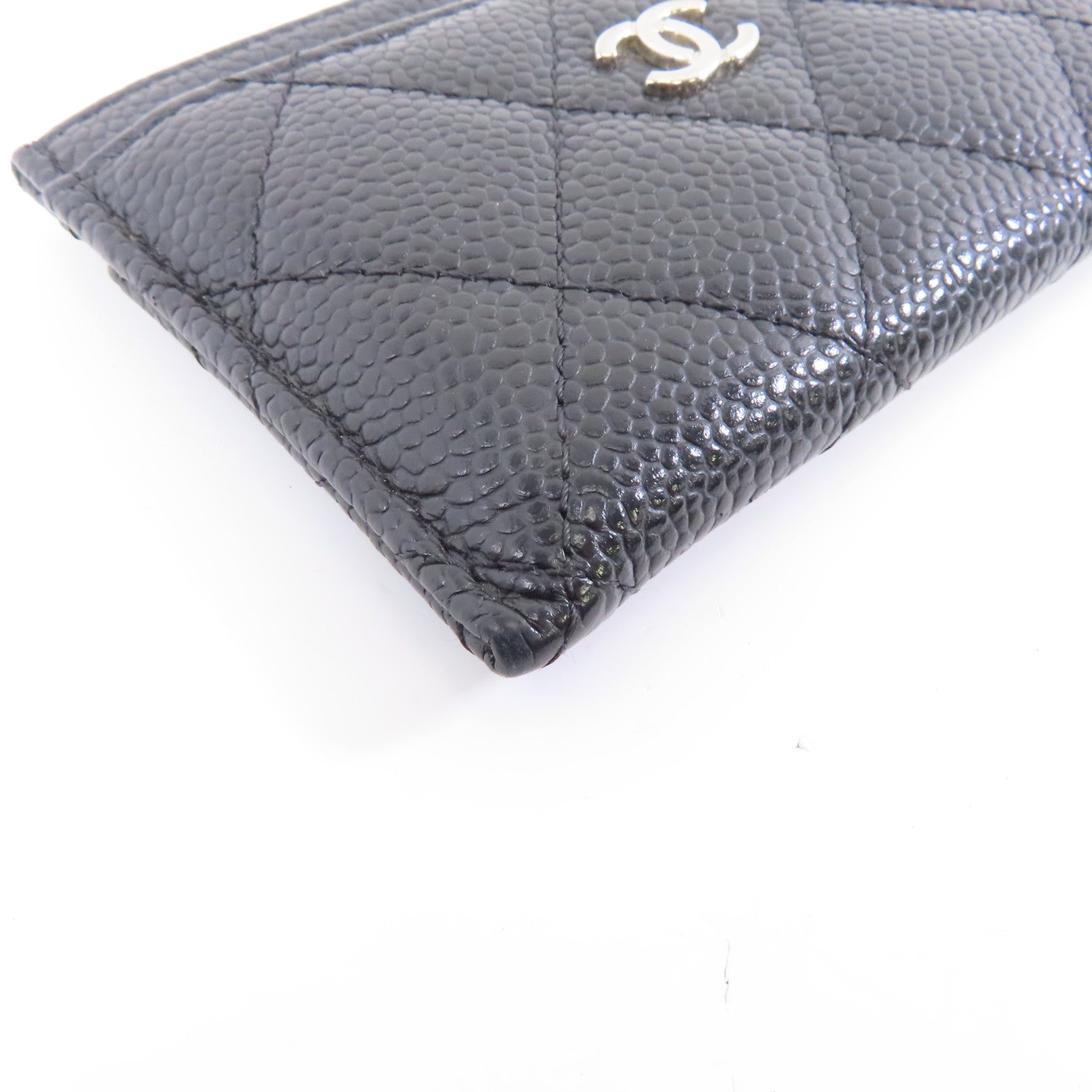 CHANEL 菱格Caviar皮革Card Case銀扣卡片套黑色