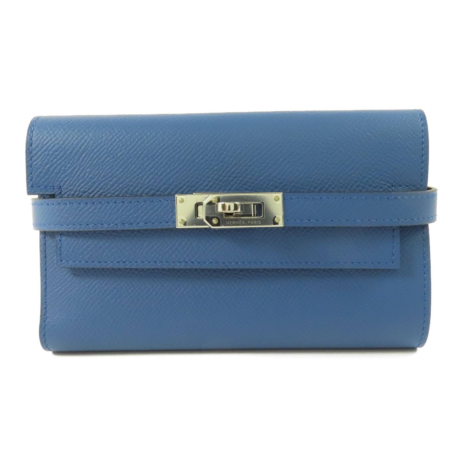 HERMES 【激減優惠】Epsom皮革Kelly Short Wallet銀扣錢包7E Bleu Brighton