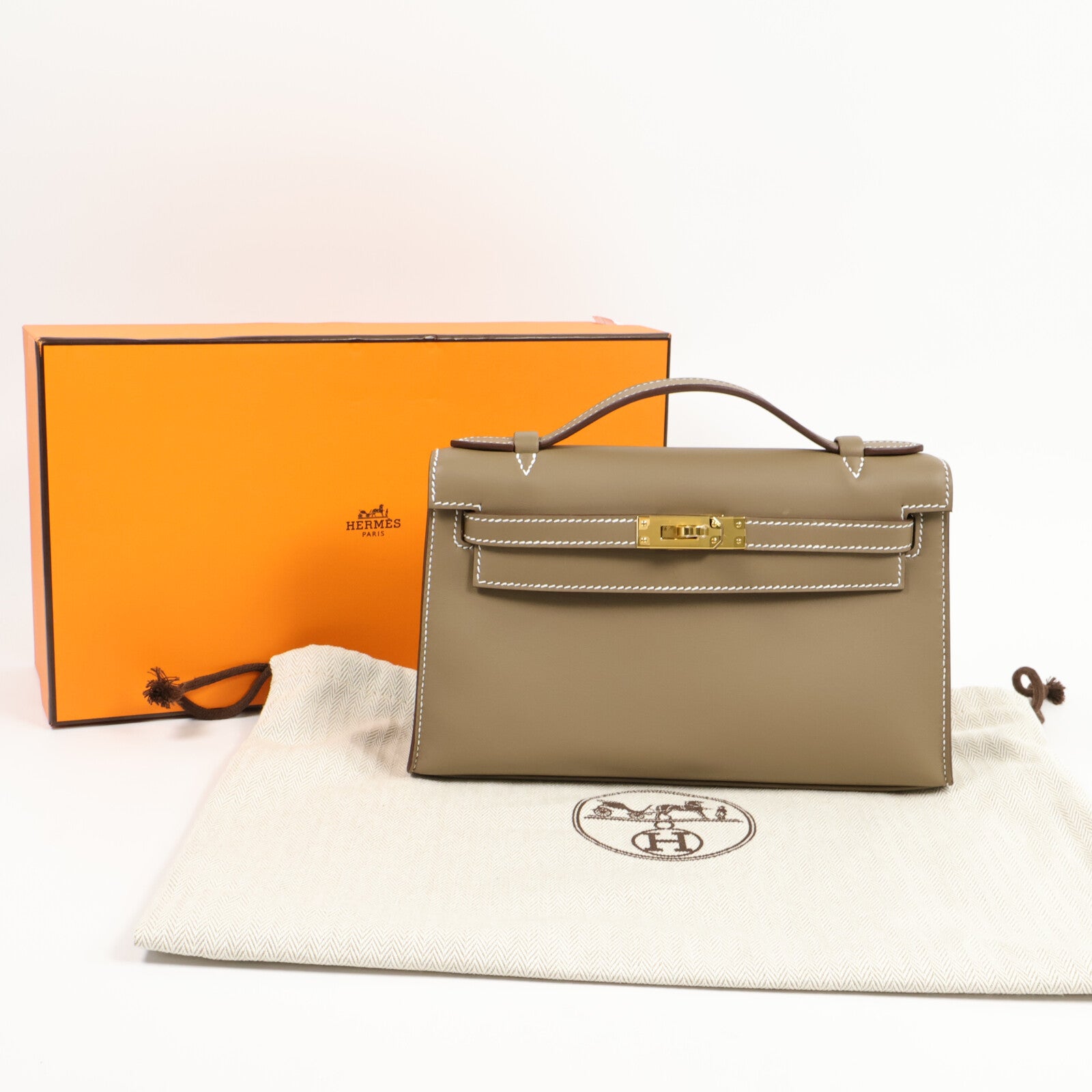 HERMES Veau Swift皮革Kelly Pochette手挽袋Etoupe
