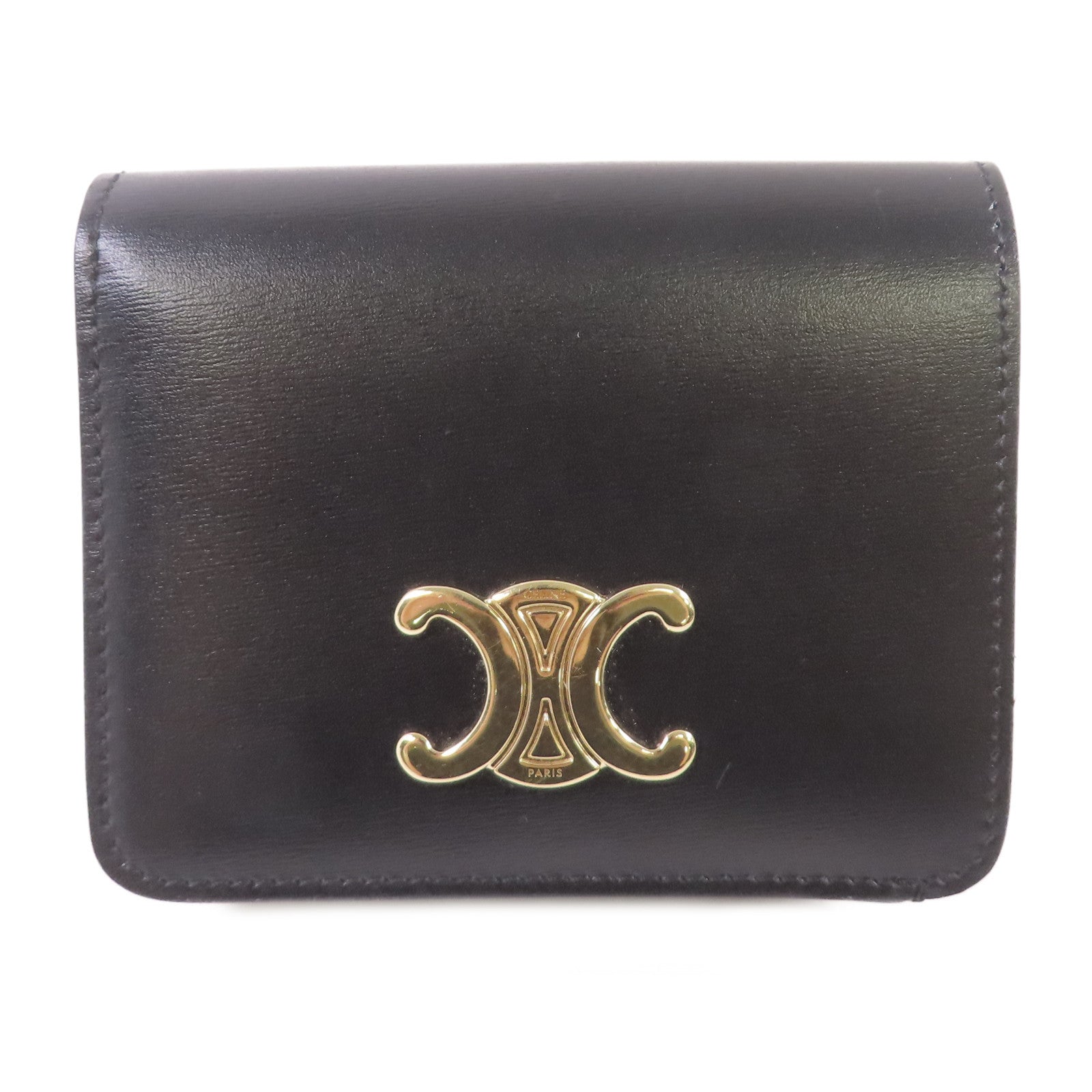 CELINE 牛皮皮革Triomphe Compact Wallet金扣短錢包黑色