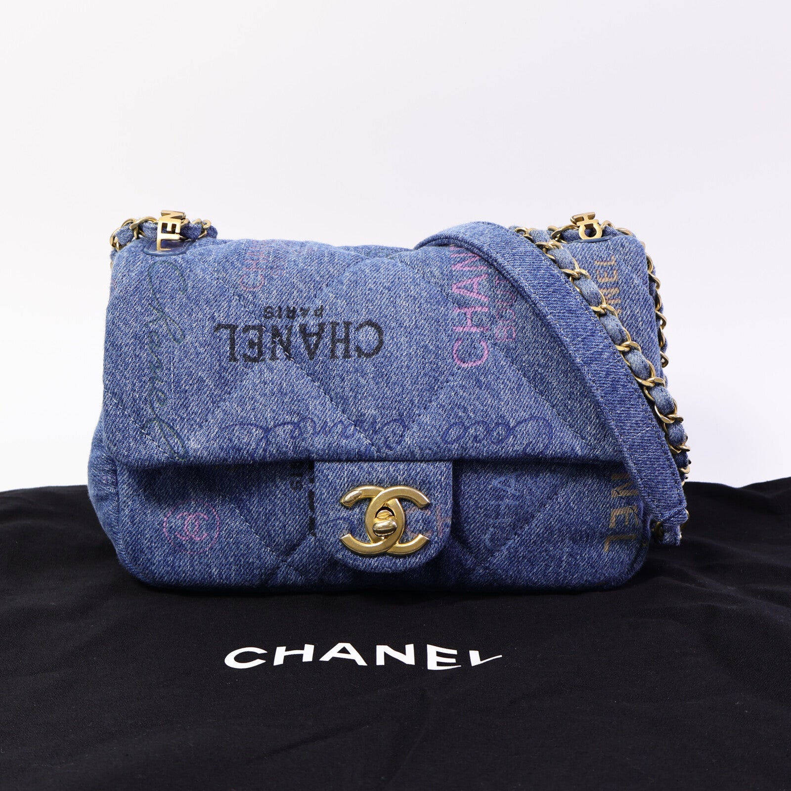 CHANEL 牛仔布Chain Shoulder Bag鏈帶肩背袋