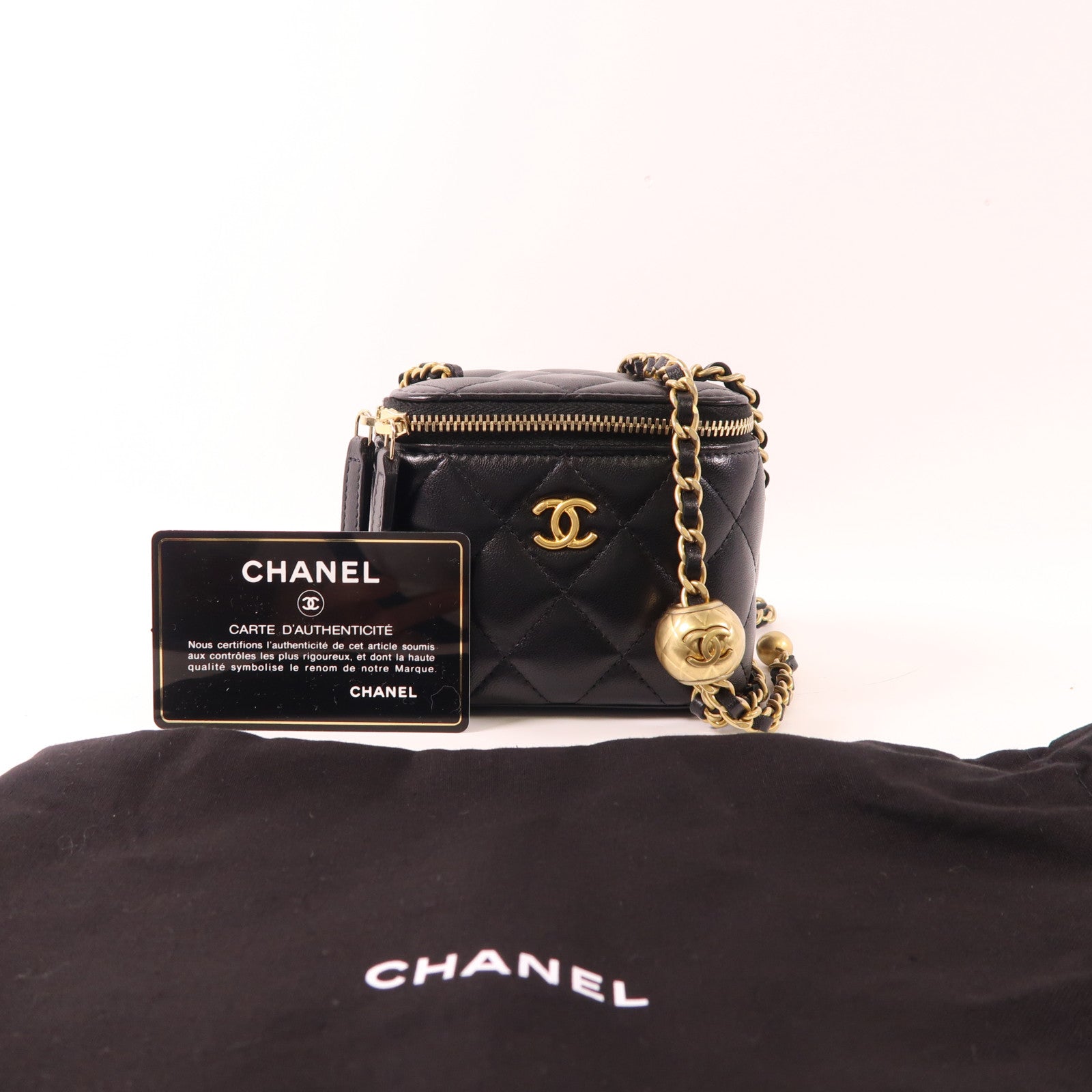 CHANEL CC GHW Mini Vanity Case With Gold Ball Chain Shoulder Bag Lambskin Black