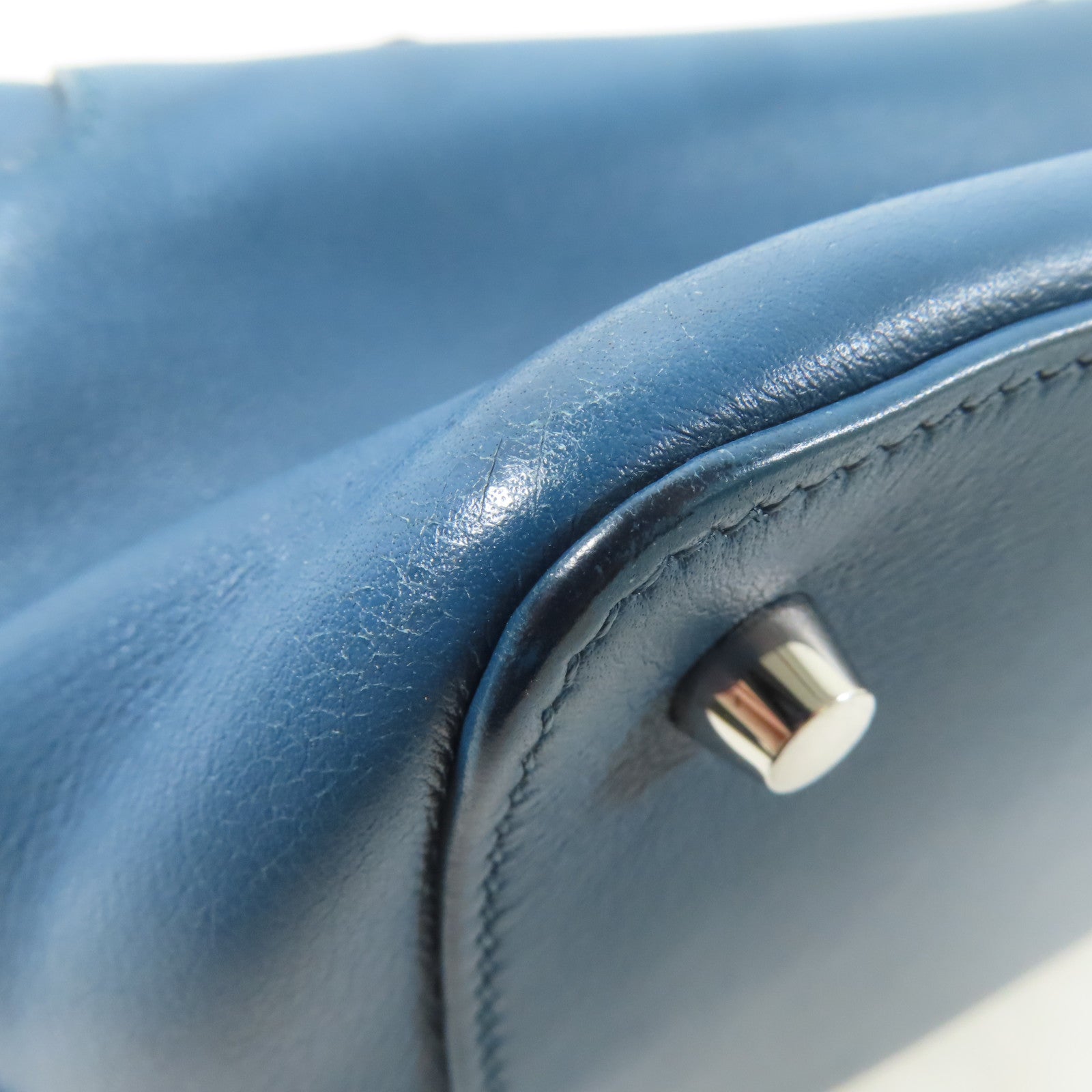 HERMES Swift皮革Toolbox銀扣手挽肩背兩用袋Bleu Agate/藍色