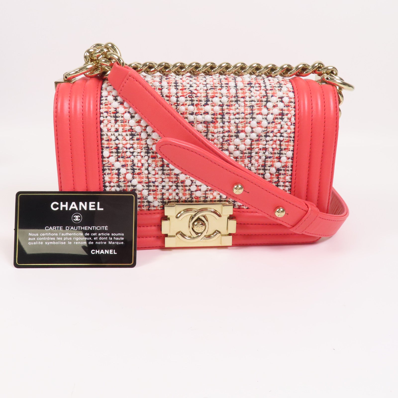 CHANEL Tweed/羊皮皮革Boy 20金扣鏈帶肩背袋