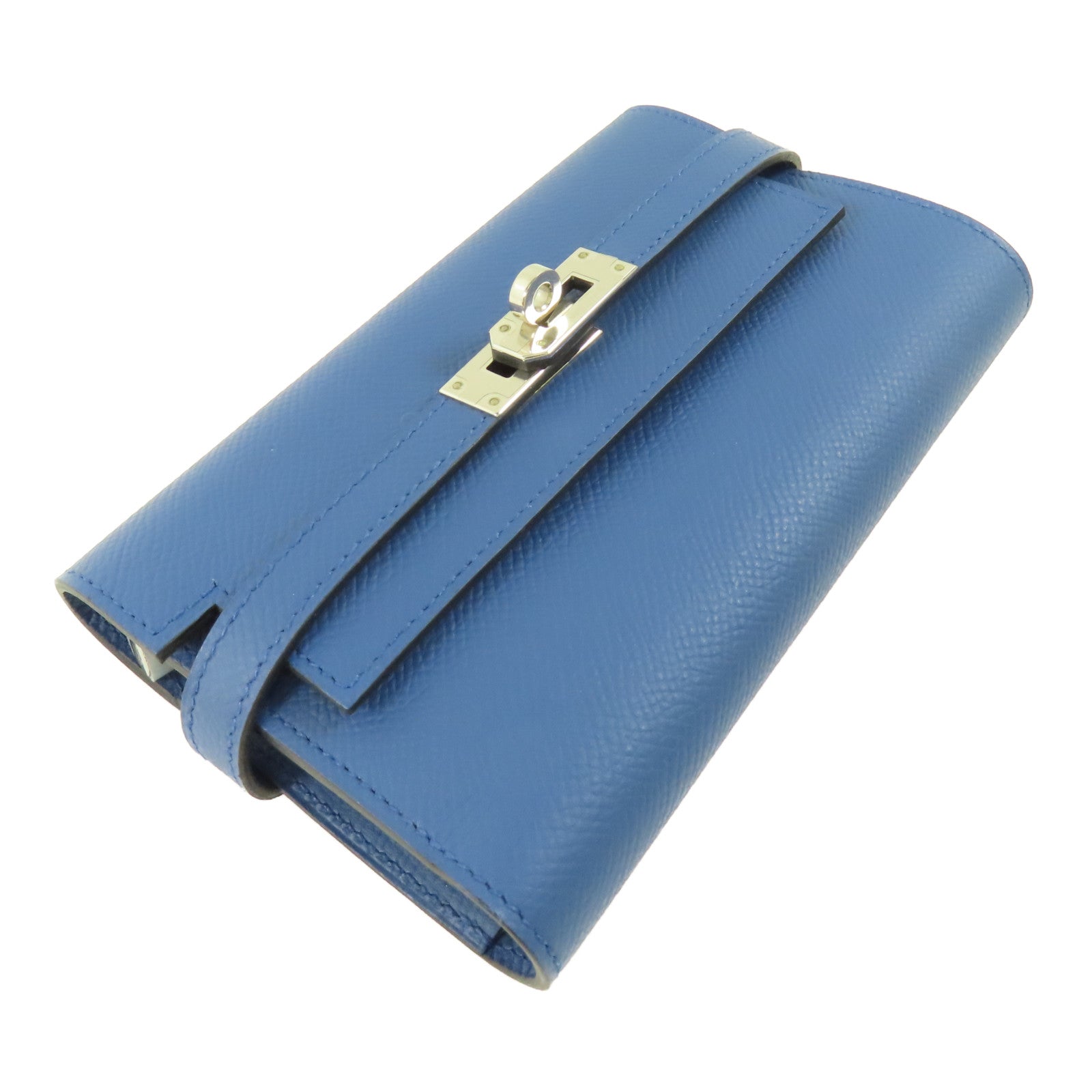 HERMES 【激減優惠】Epsom皮革Kelly Short Wallet銀扣錢包7E Bleu Brighton