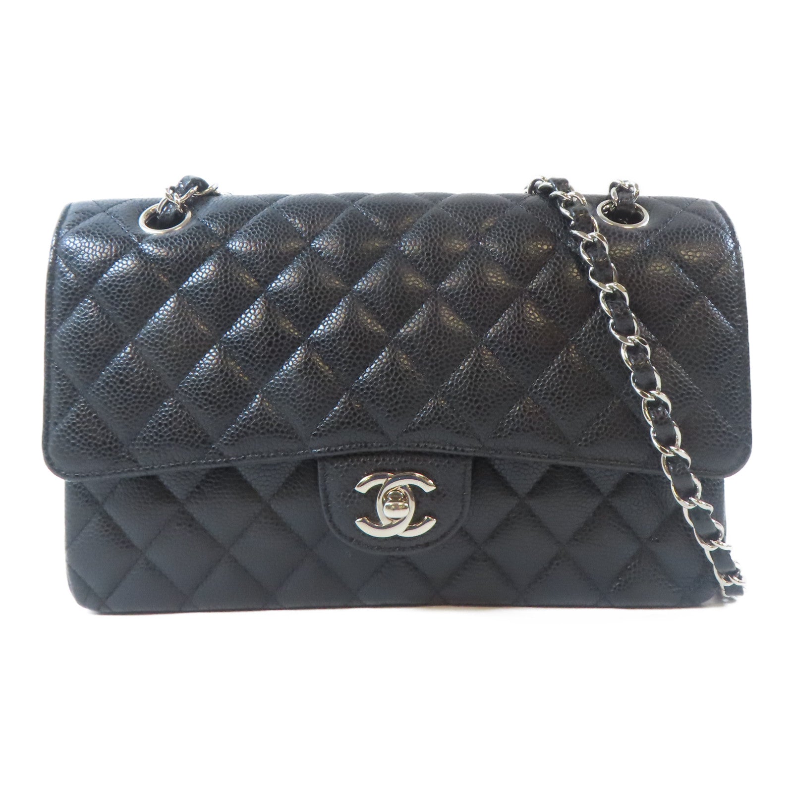CHANEL 菱格Caviar皮革Classic Flap 25銀扣鏈帶肩背袋黑色