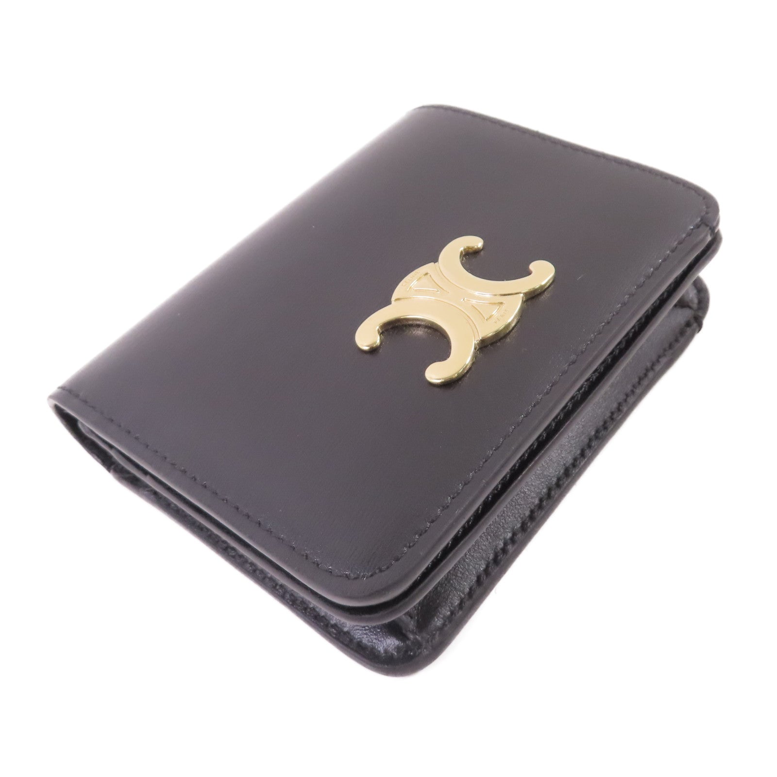 CELINE 牛皮皮革Triomphe Compact Wallet金扣短錢包黑色