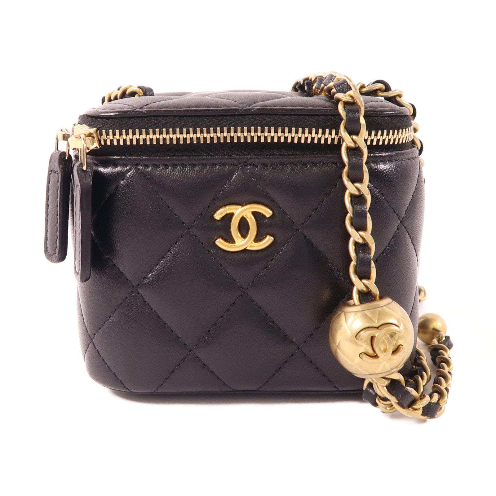 CHANEL CC GHW Mini Vanity Case With Gold Ball Chain Shoulder Bag Lambskin Black