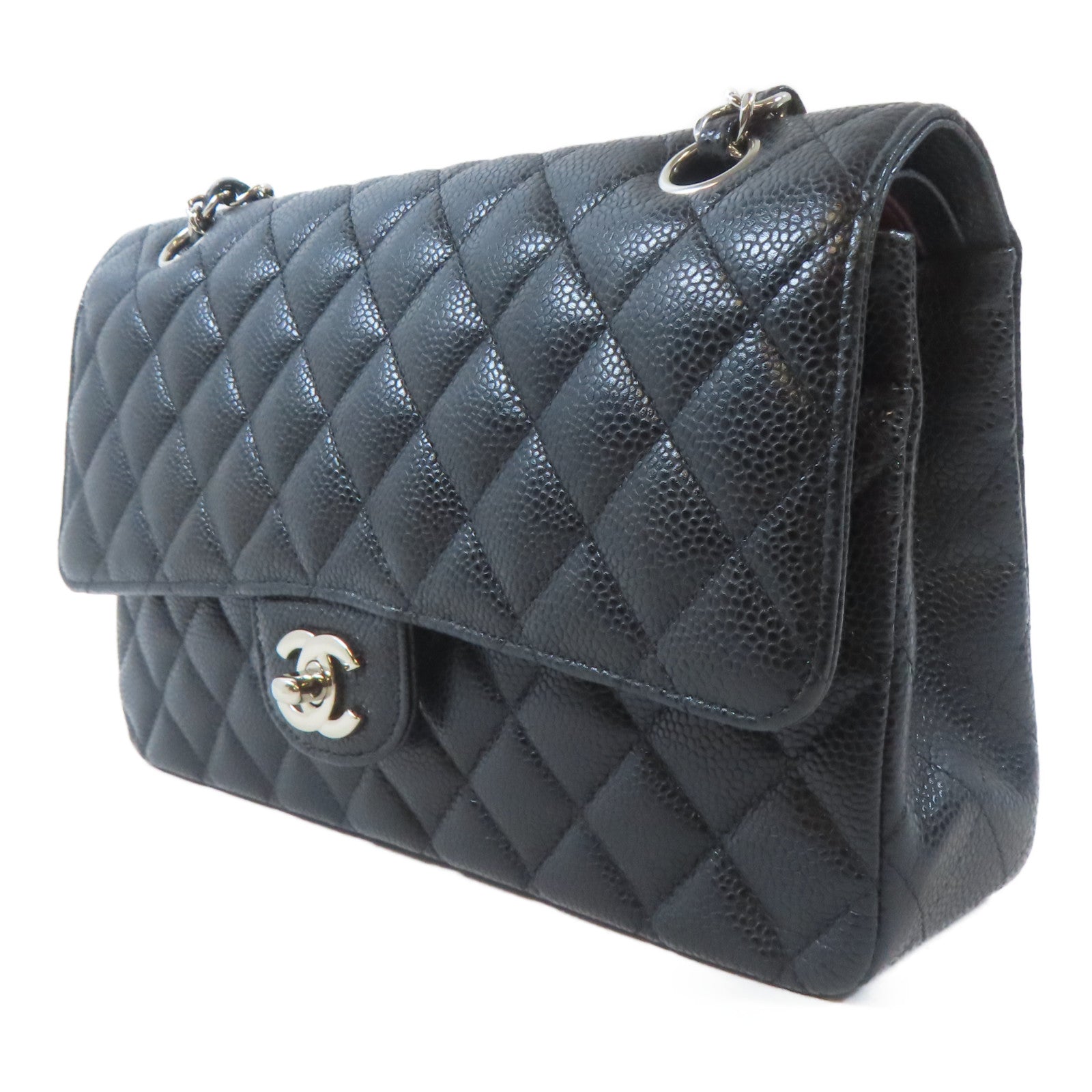 CHANEL 菱格Caviar皮革Classic Flap 25銀扣鏈帶肩背袋黑色
