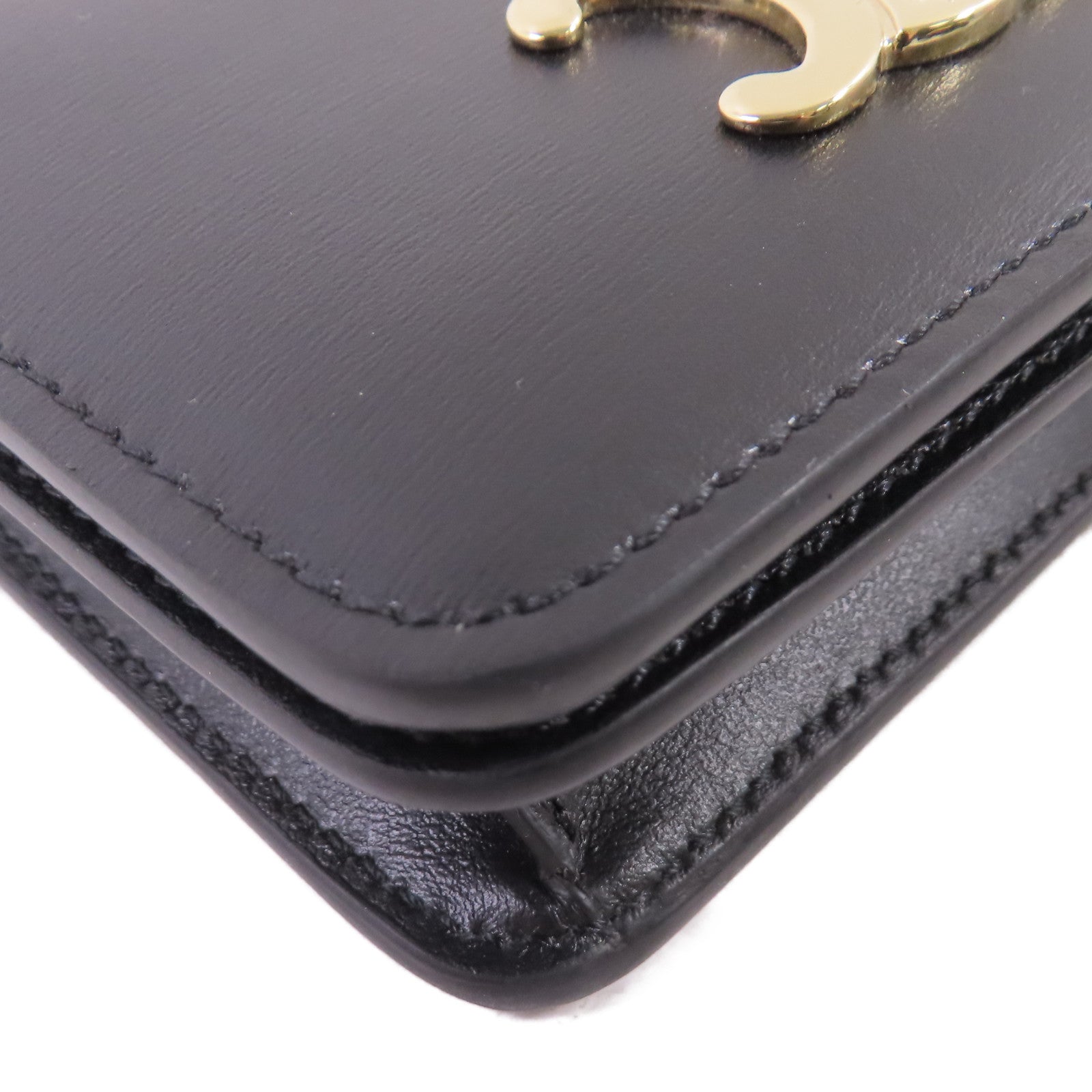 CELINE 牛皮皮革Triomphe Compact Wallet金扣短錢包黑色