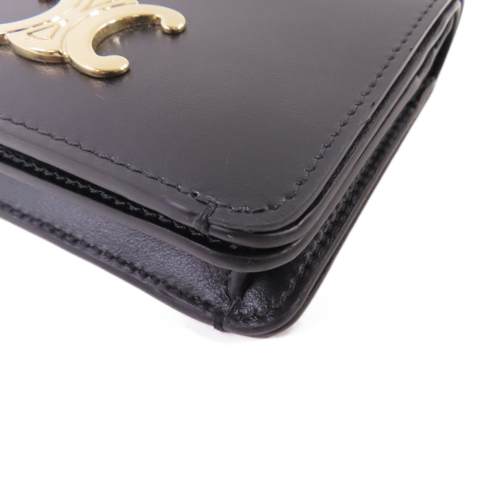 CELINE 牛皮皮革Triomphe Compact Wallet金扣短錢包黑色