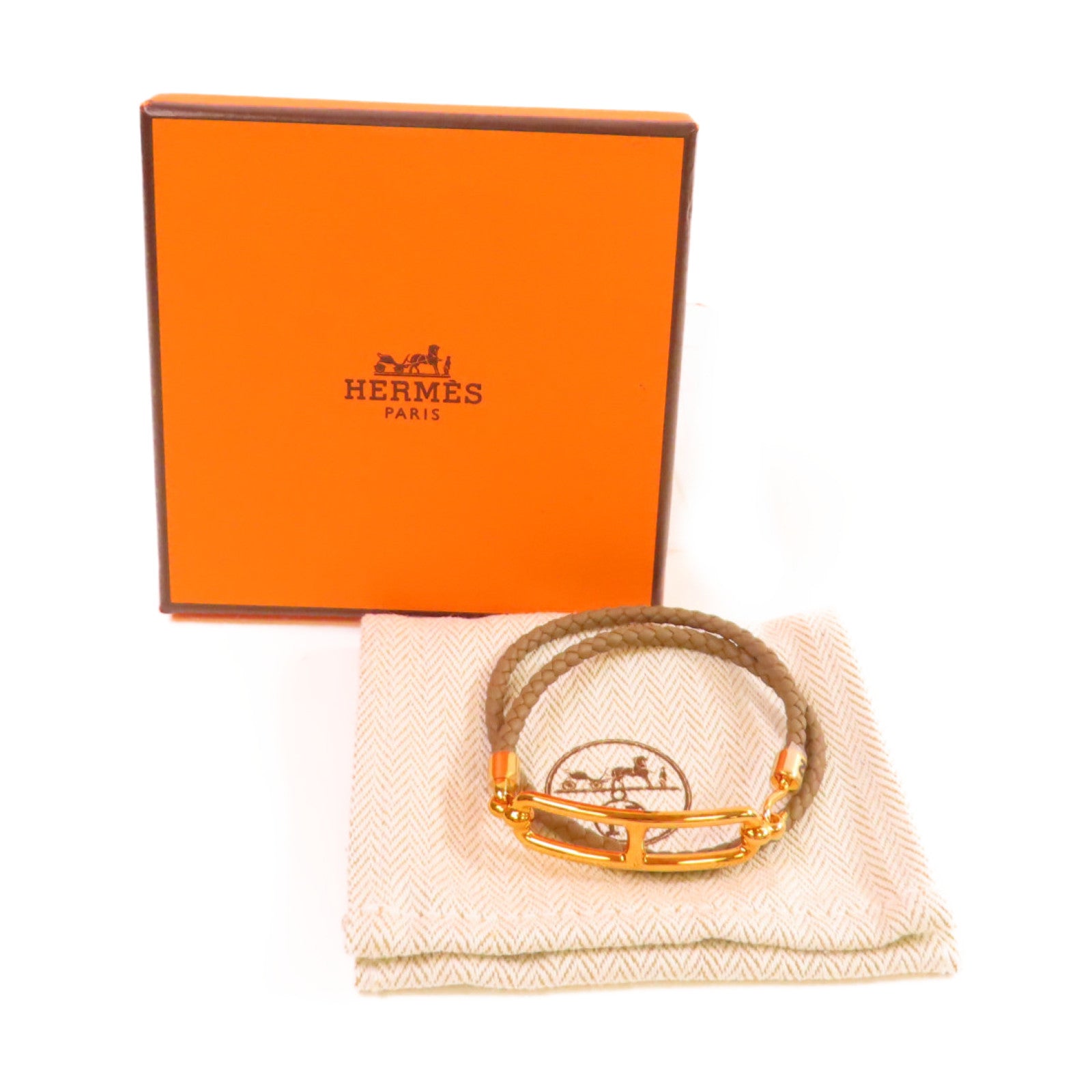 HERMES Swift皮革/金屬Roulis Double Tour Bracelet金扣手鏈大象灰色#T2