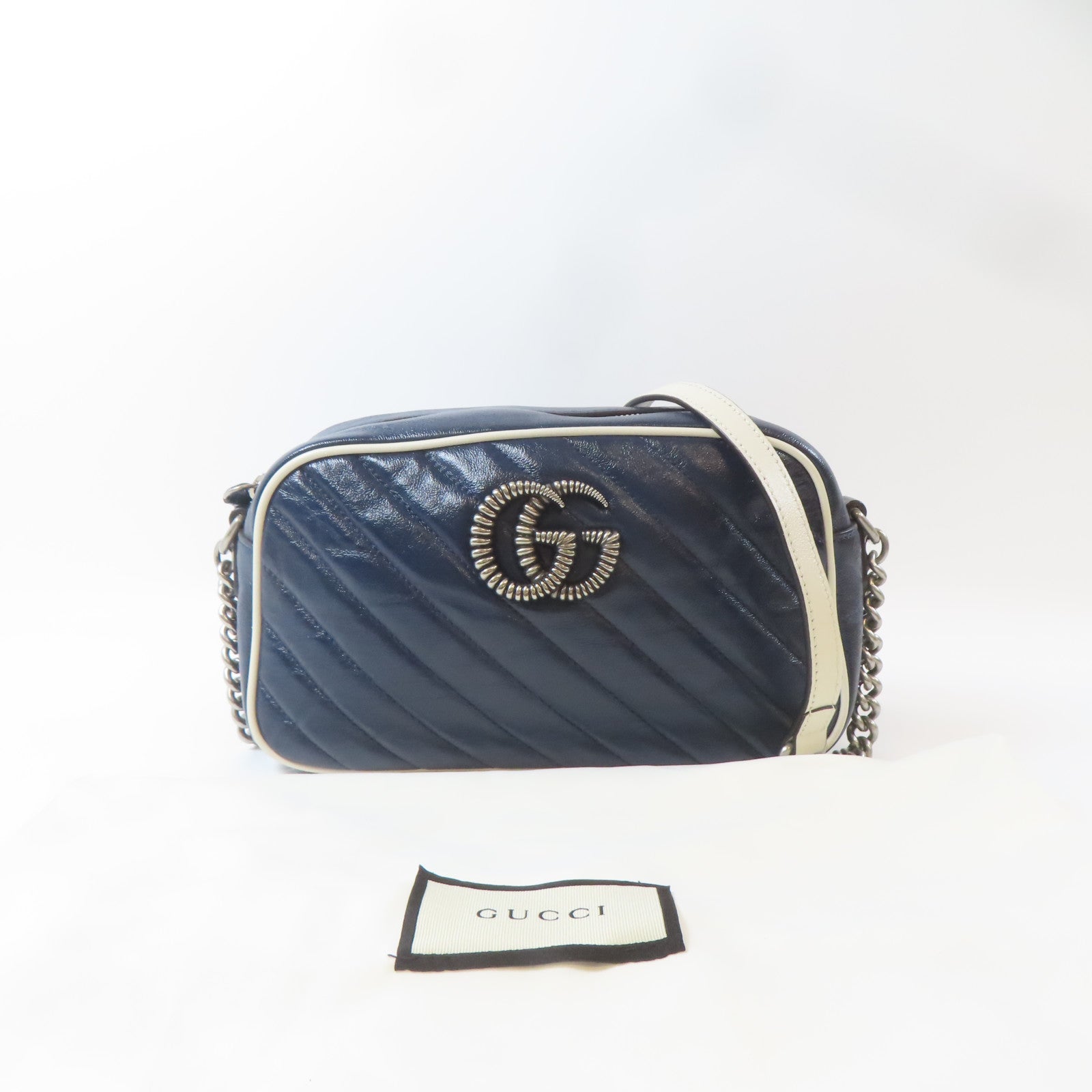 GUCCI 【激減優惠】牛皮皮革Shoulder Bag銀扣肩背袋藍色/白色