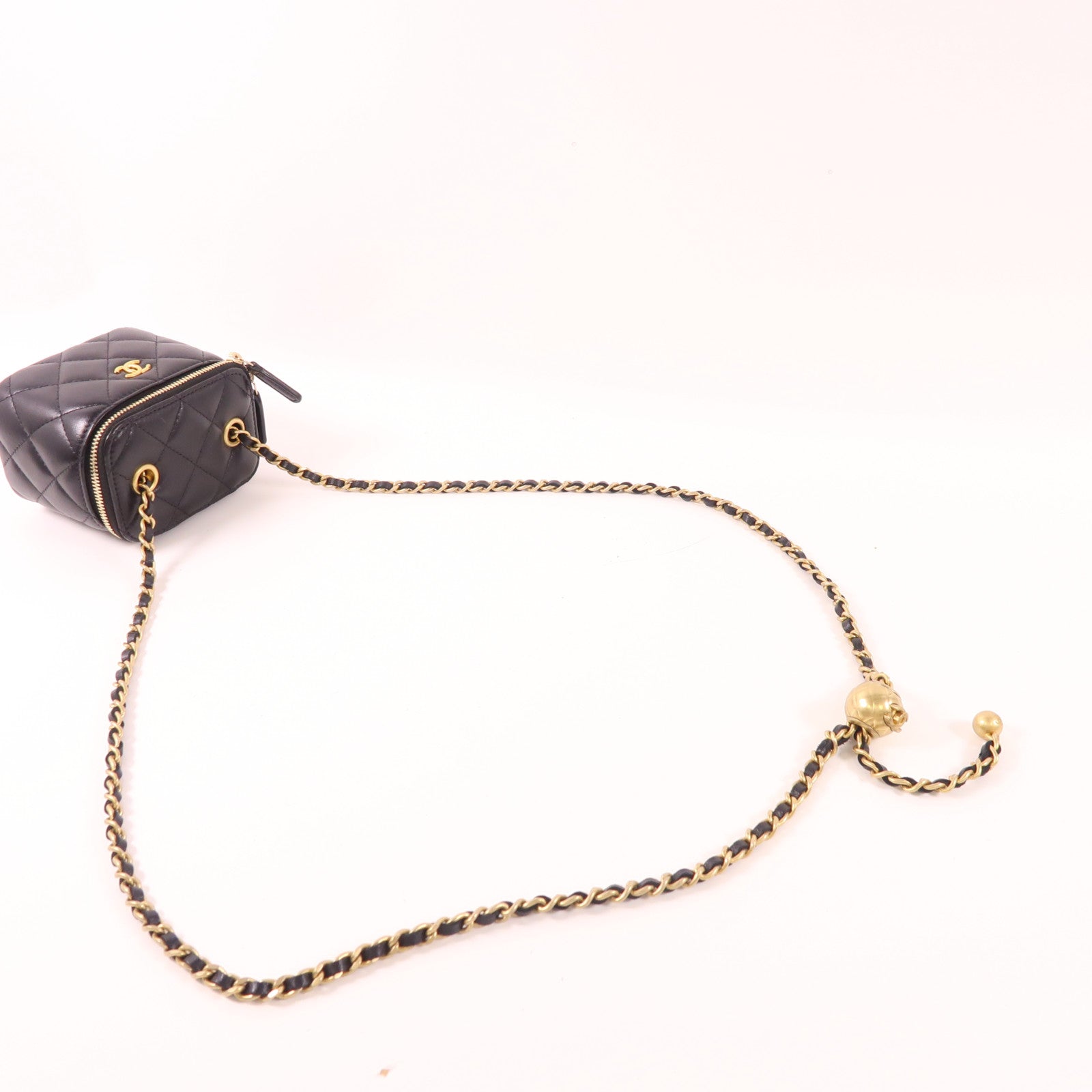 CHANEL CC GHW Mini Vanity Case With Gold Ball Chain Shoulder Bag Lambskin Black