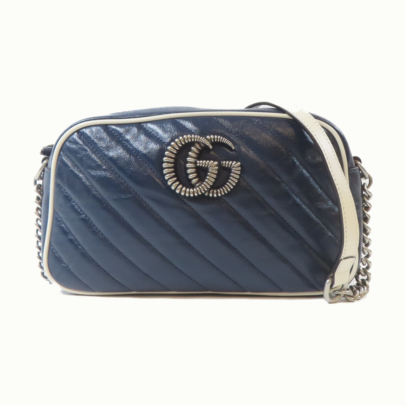 GUCCI 【激減優惠】牛皮皮革Shoulder Bag銀扣肩背袋藍色/白色