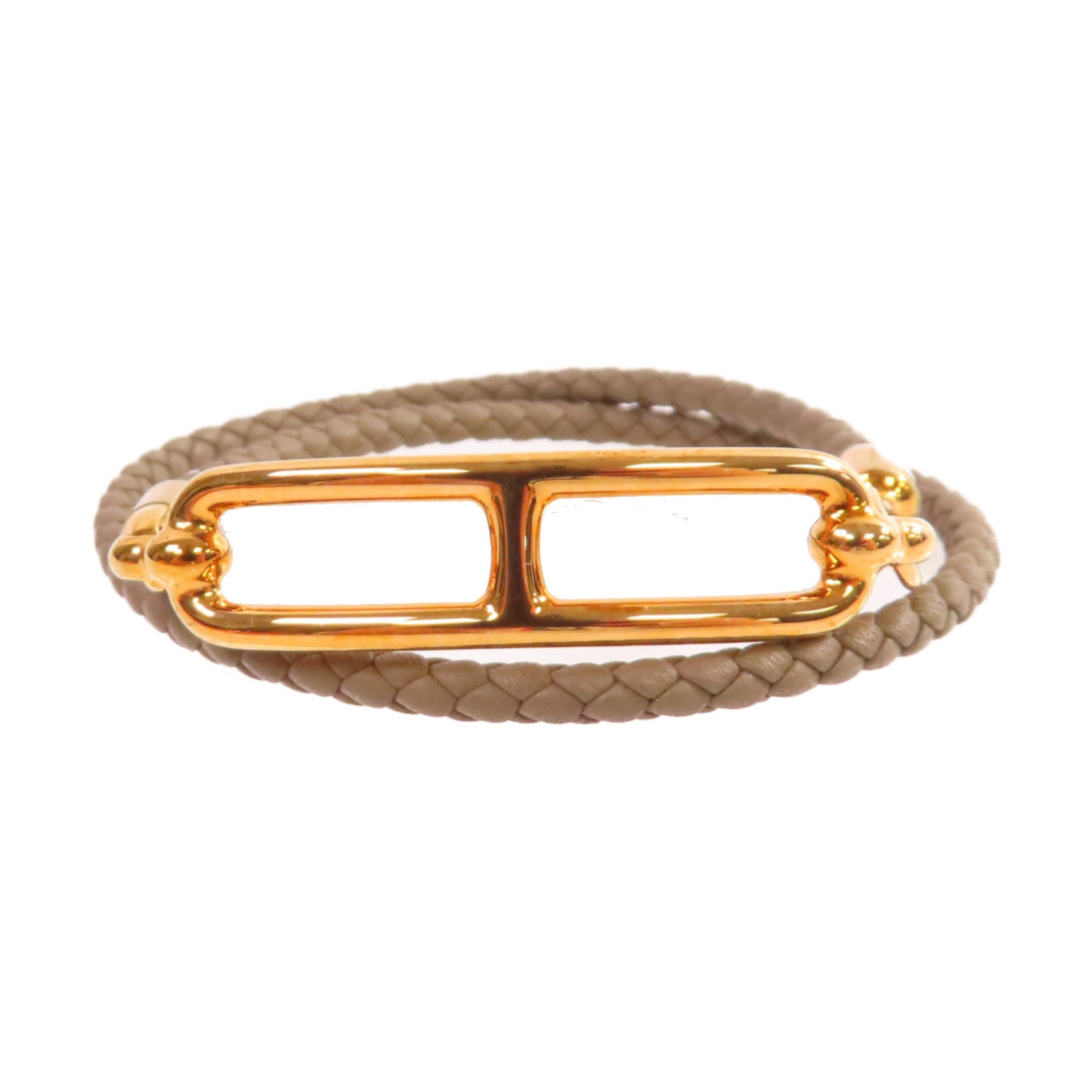 HERMES Swift皮革/金屬Roulis Double Tour Bracelet金扣手鏈大象灰色#T2