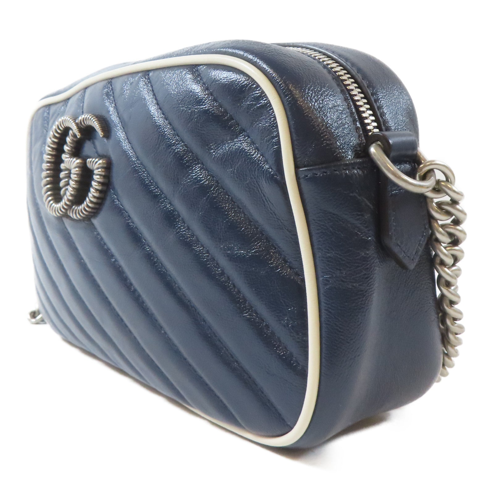 GUCCI 【激減優惠】牛皮皮革Shoulder Bag銀扣肩背袋藍色/白色