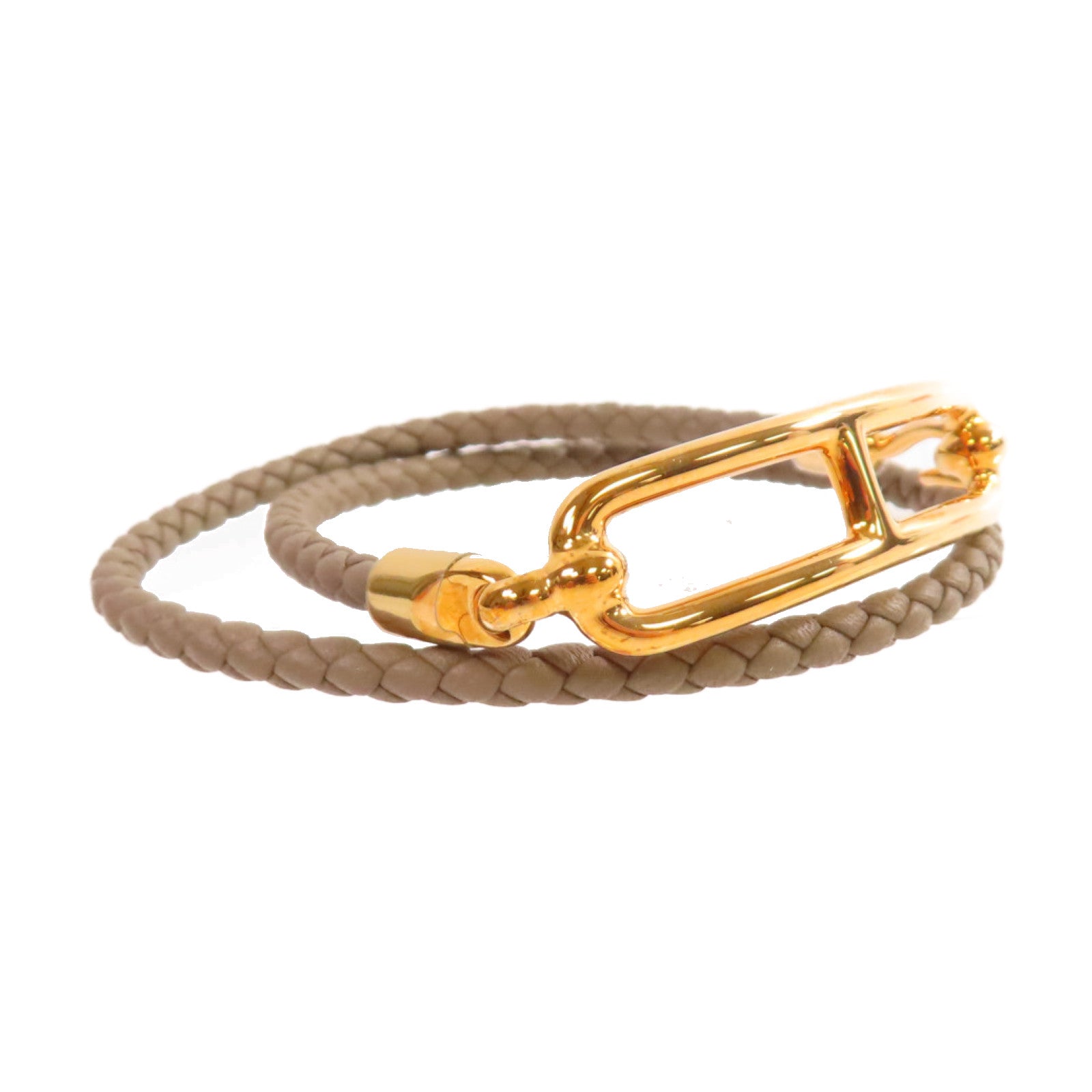 HERMES Swift皮革/金屬Roulis Double Tour Bracelet金扣手鏈大象灰色#T2