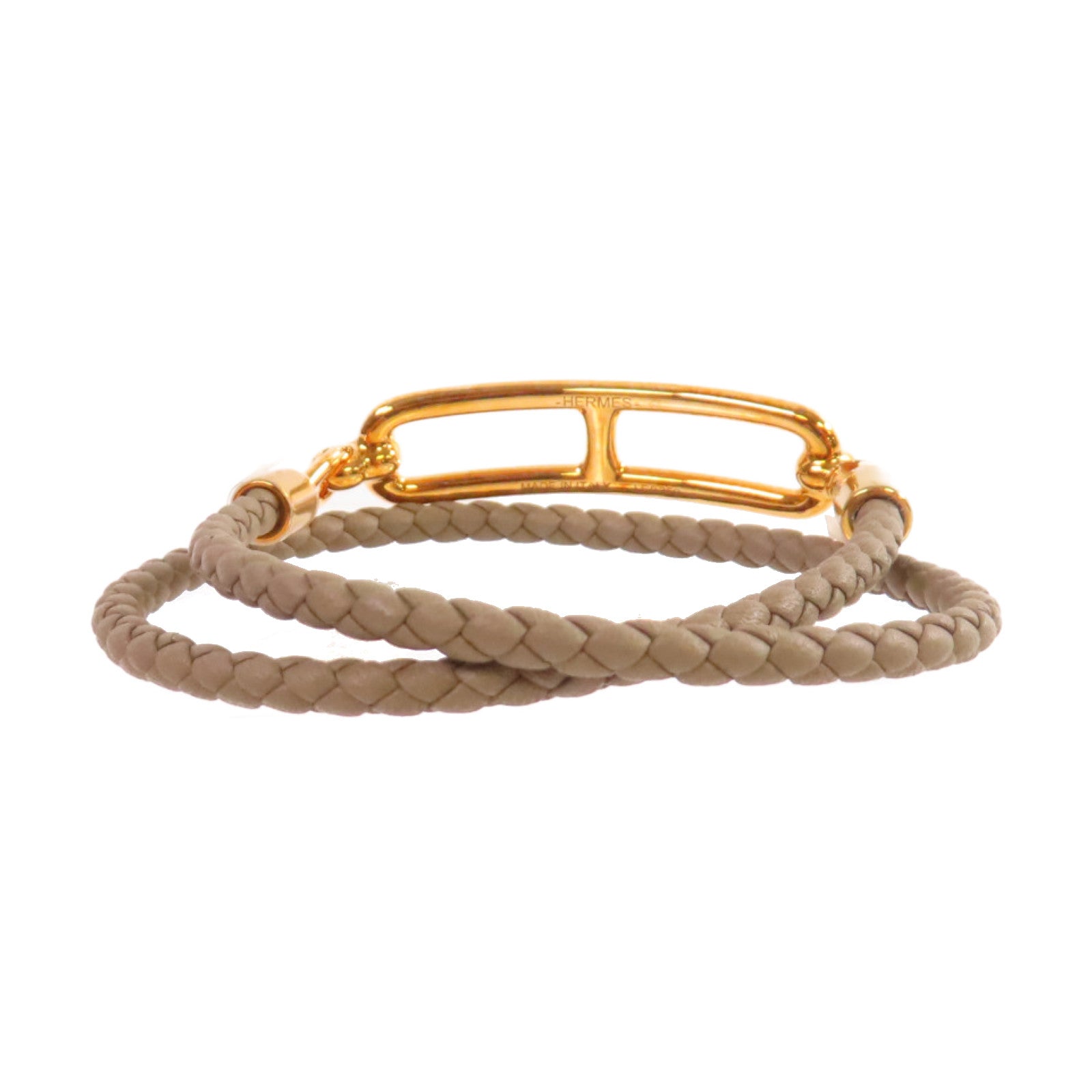 HERMES Swift皮革/金屬Roulis Double Tour Bracelet金扣手鏈大象灰色#T2